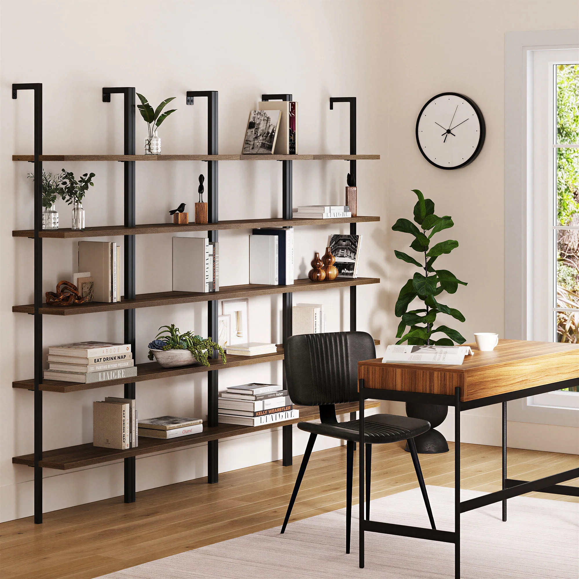 5-Shelf Ladder Bookshelf Oak Matte Black (Set of 4) - Image 2