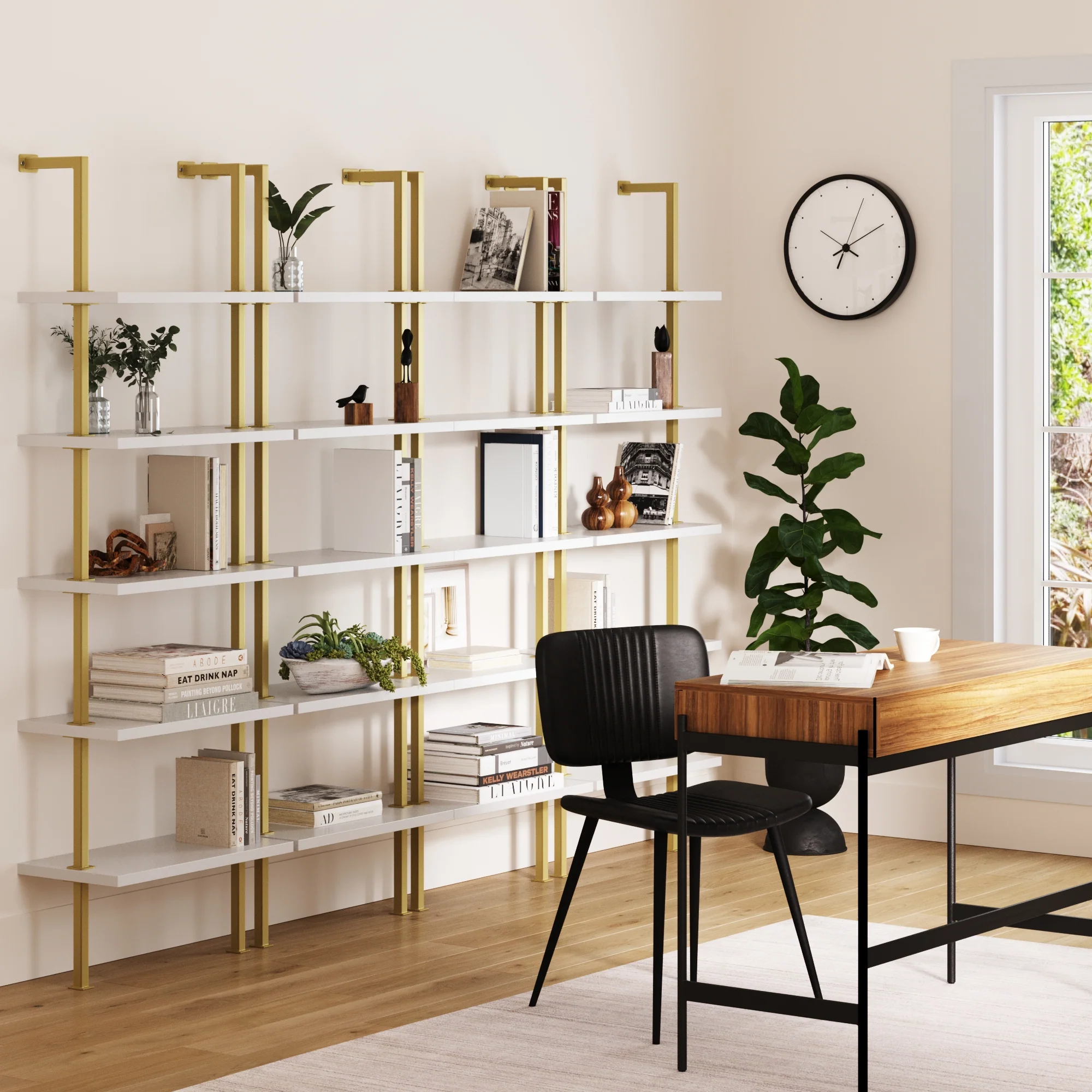 5-Shelf Ladder Wall Bookshelves White Gold (Set of 4) - Image 2