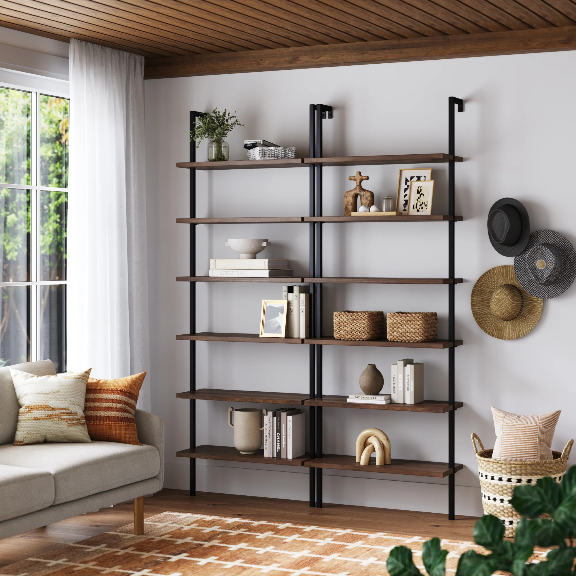 6-Shelf Bookcase Oak Matte Black (Set of 2) - Image 2