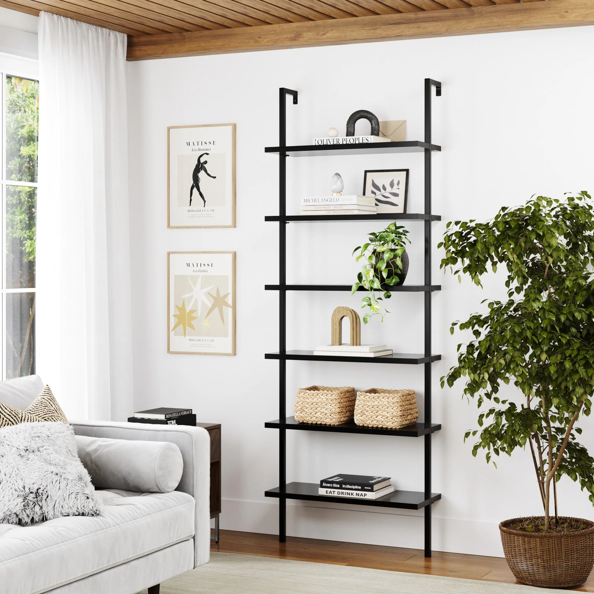 6-Shelf Ladder Bookshelf Black - Image 2