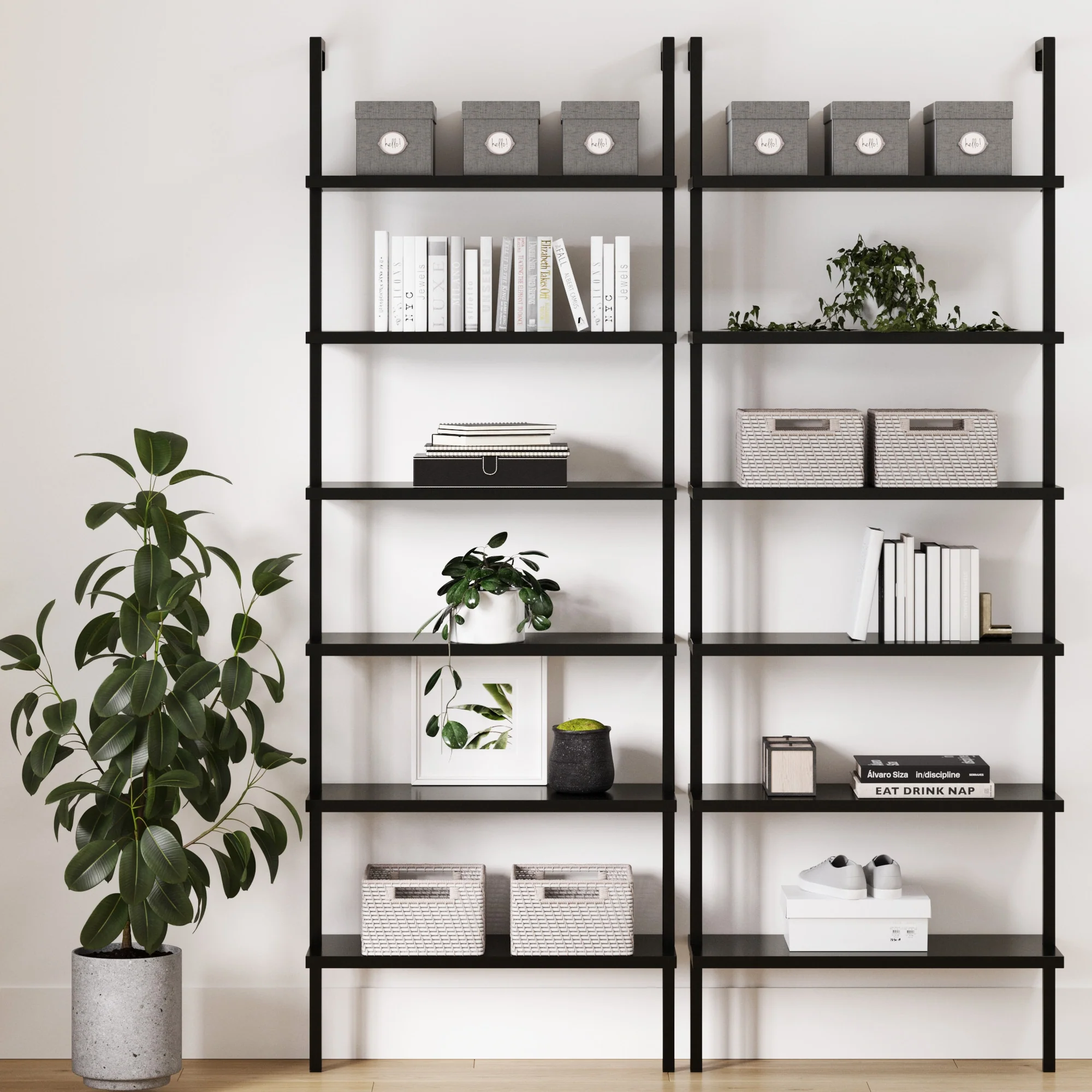 6-Shelf Wall Mount Bookshelf Black (Set of 2)
