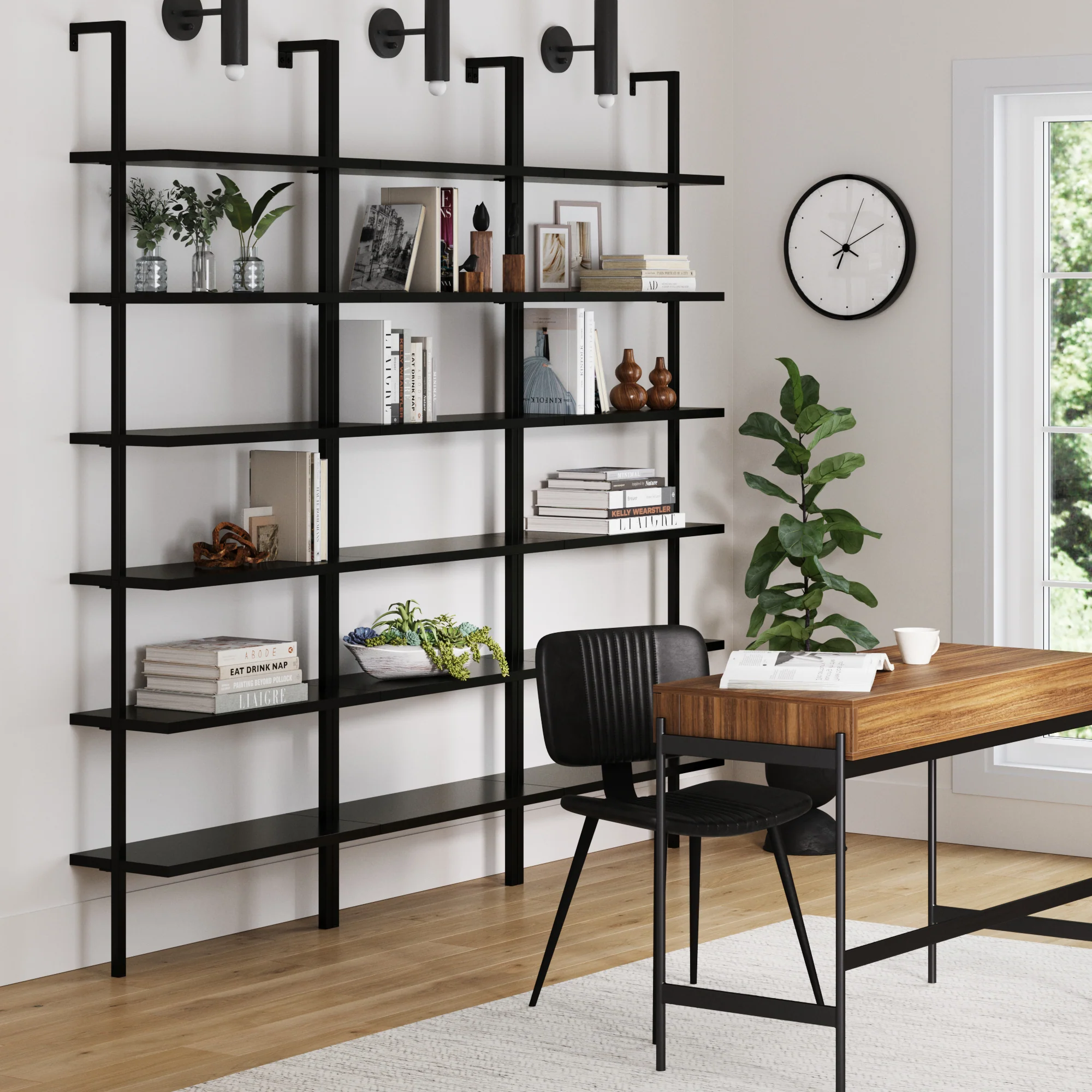 6-Shelf Wall Mount Bookshelf Black (Set of 3) - Image 2