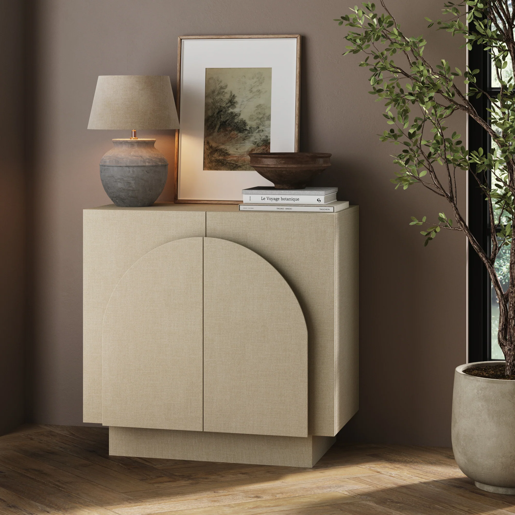 Arched Fabric Wrapped Storage Cabinet Beige Linen - Image 2