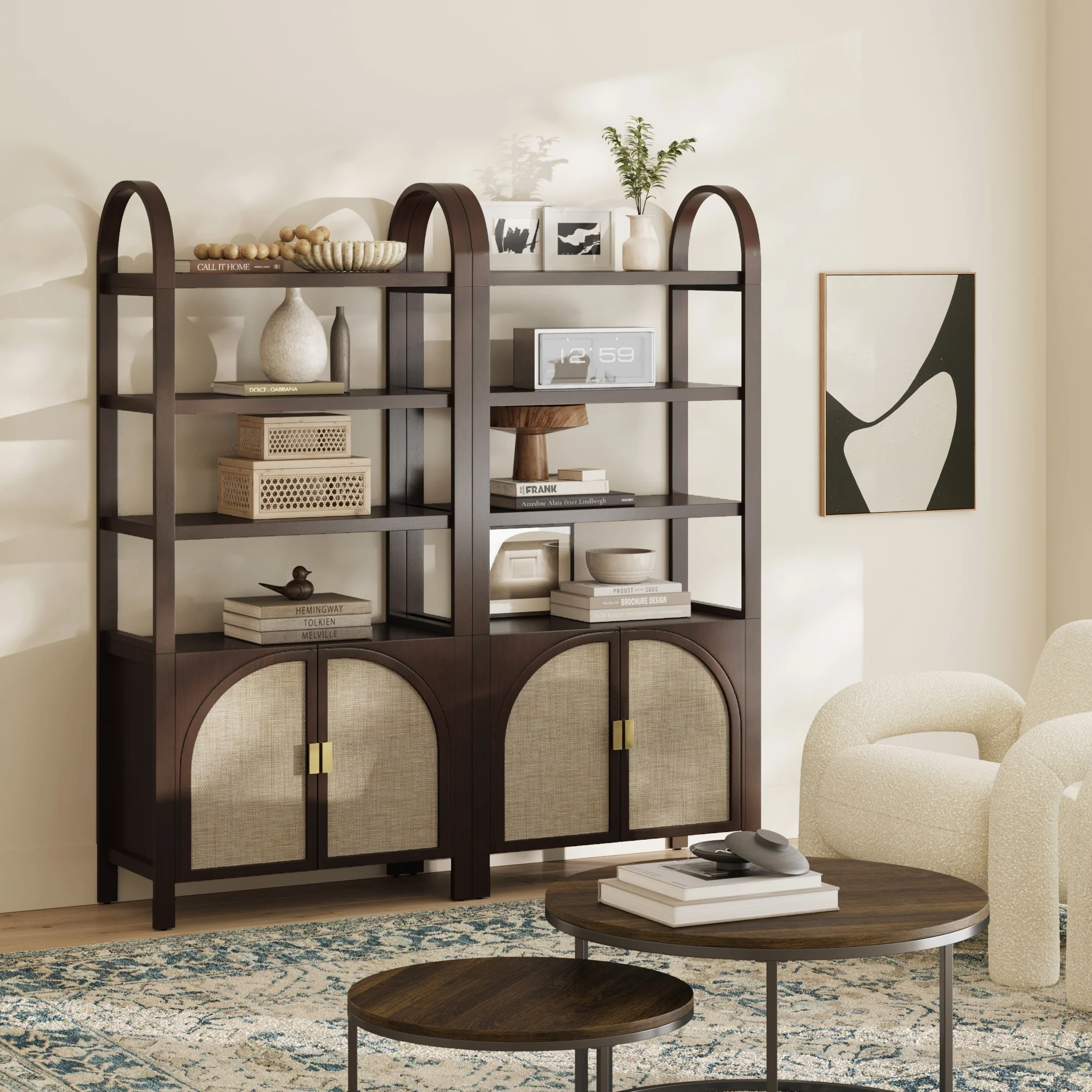 Arched Door Rattan Bookshelf with Doors Dark Acacia (Set of 2) - Image 2