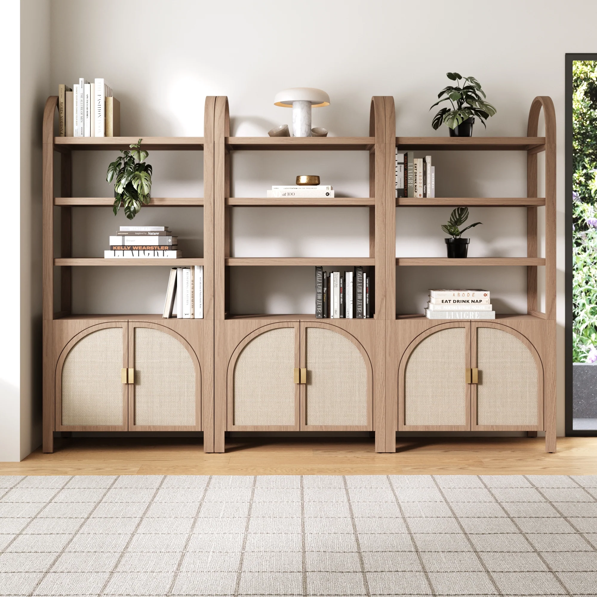 Arched Door Rattan Bookshelf with Doors Raw Oak (Set of 3)