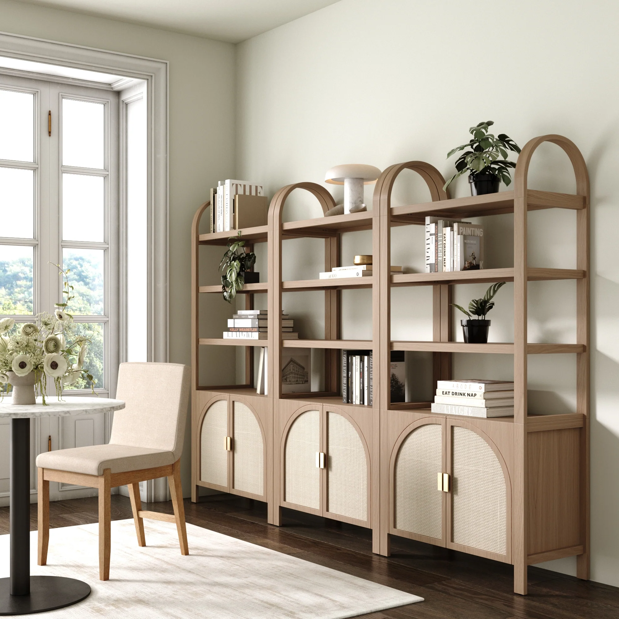 Arched Door Rattan Bookshelf with Doors Raw Oak (Set of 3) - Image 2