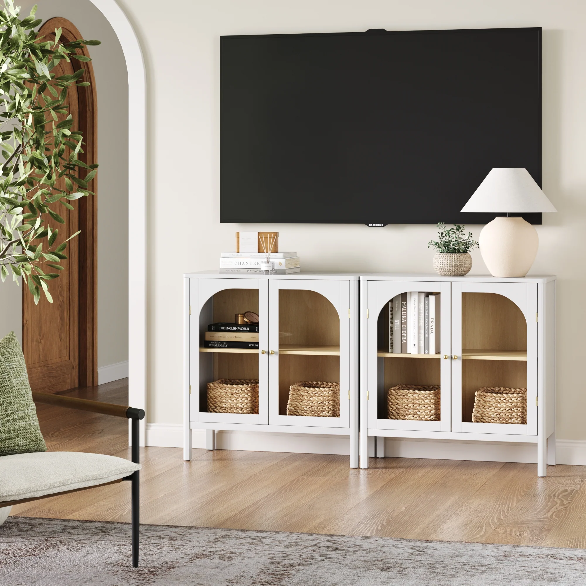 Curio Cabinet Credenza with Glass Door White (Set of 2) - Image 3