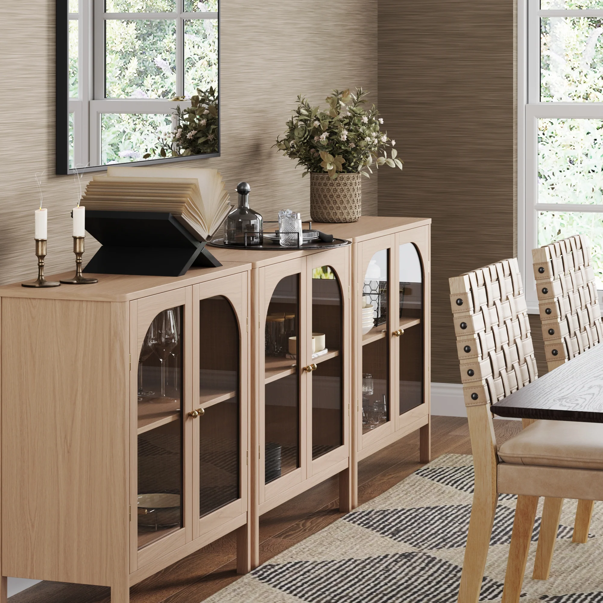 Curio Cabinet Credenza with Glass Door Raw Oak (Set of 3) - Image 2
