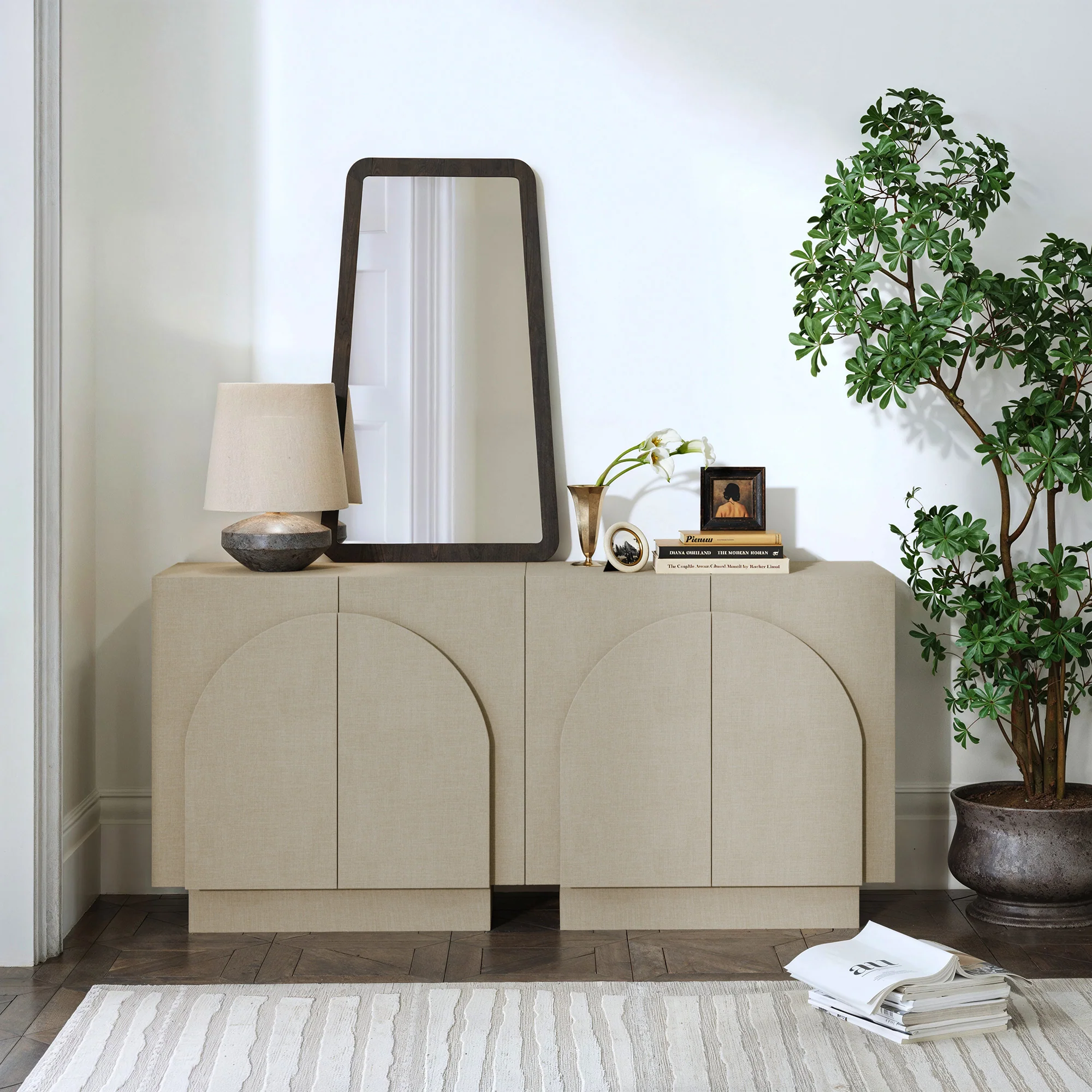 Arched Fabric Wrapped Storage Cabinet Credenza Beige (Set of 2)
