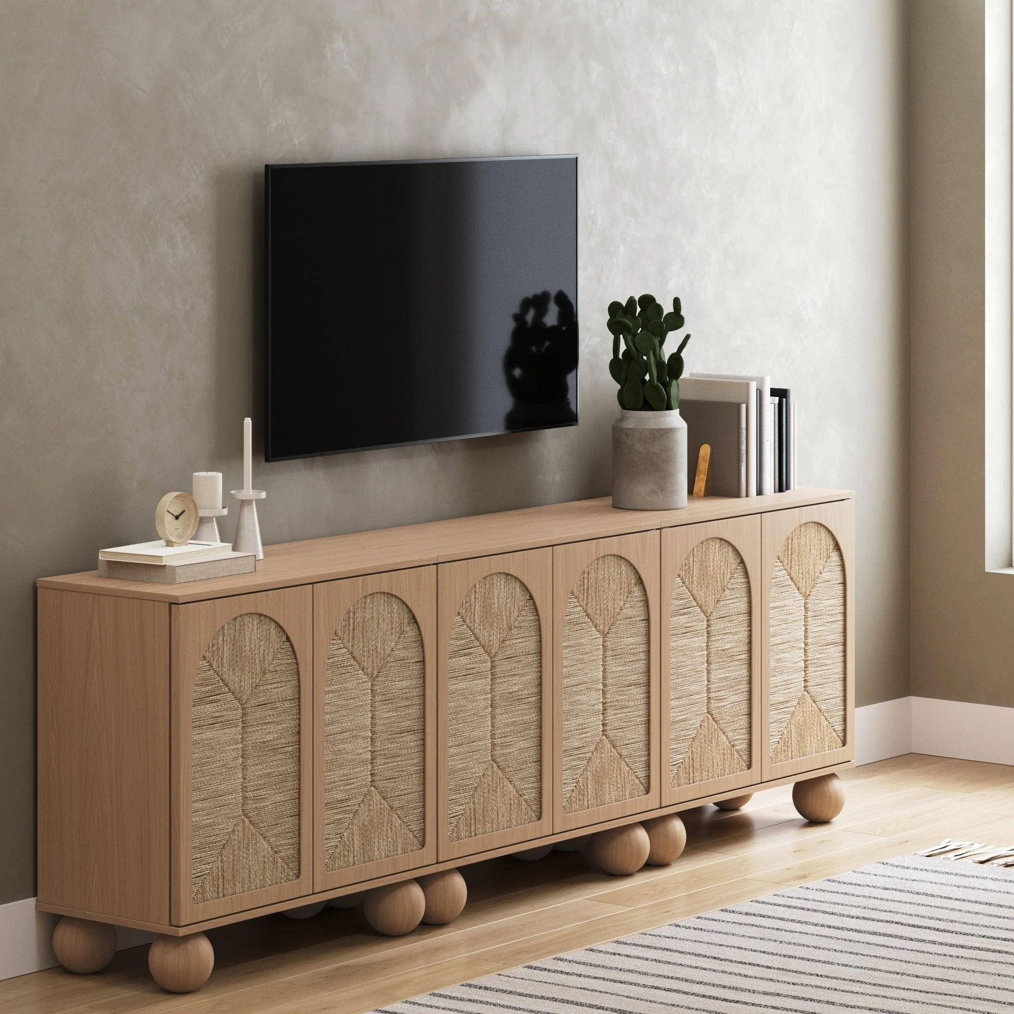 Seagrass Arched Storage Cabinet Credenza Raw Oak (Set of 3) - Image 3