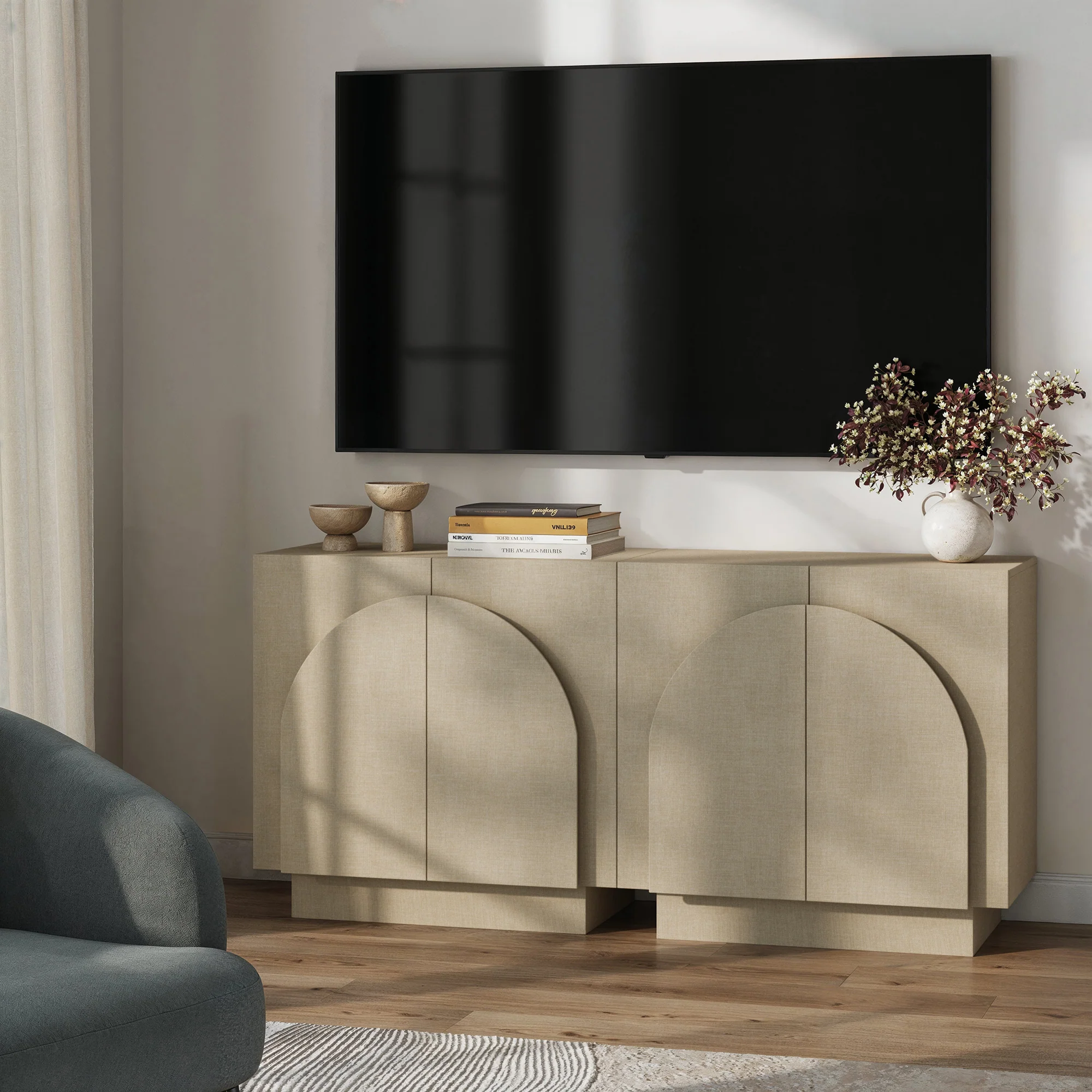 Arched TV Console Cabinet for TVs 55-65" Beige Linen