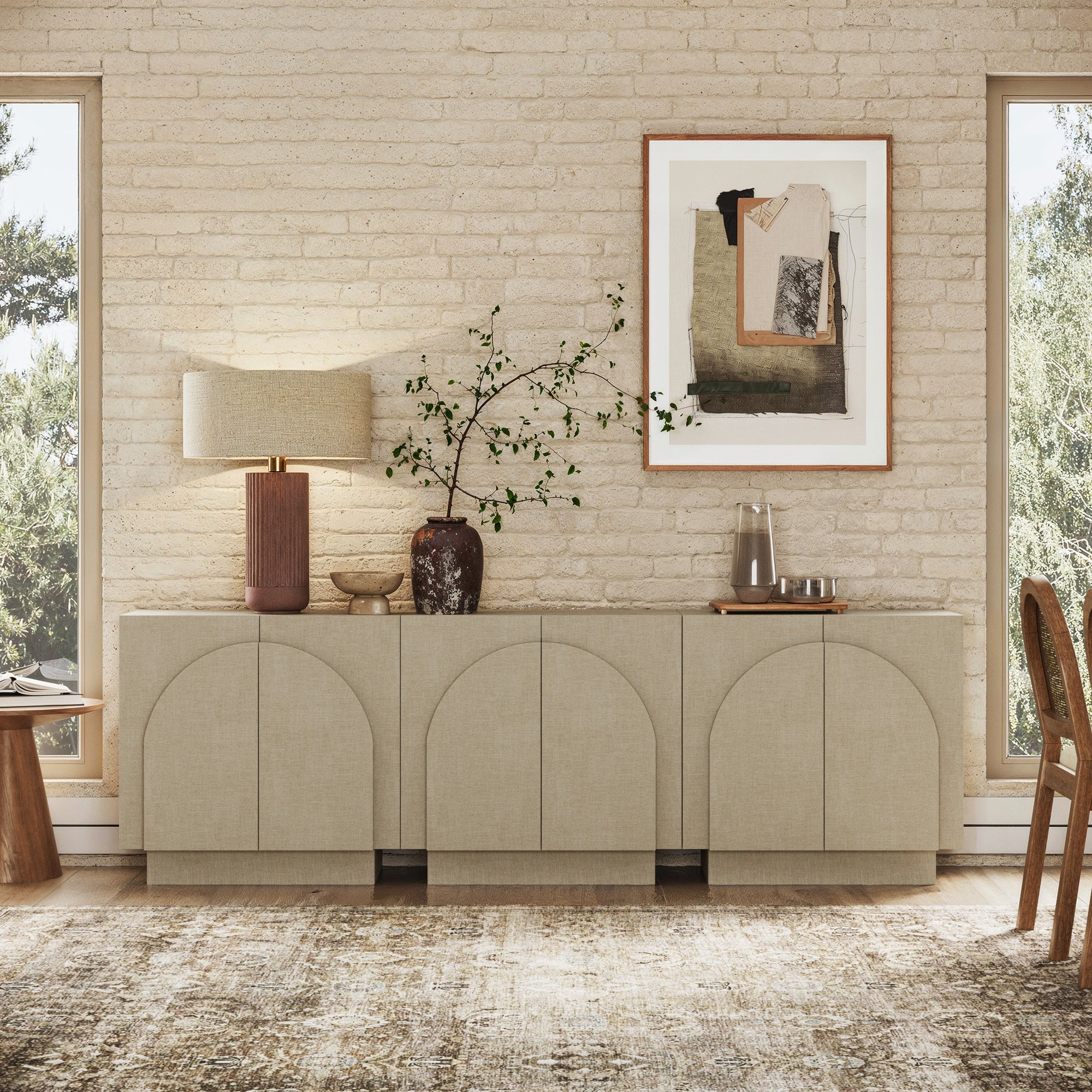 Arched Fabric Wrapped Storage Cabinet Credenza Beige (Set of 3)