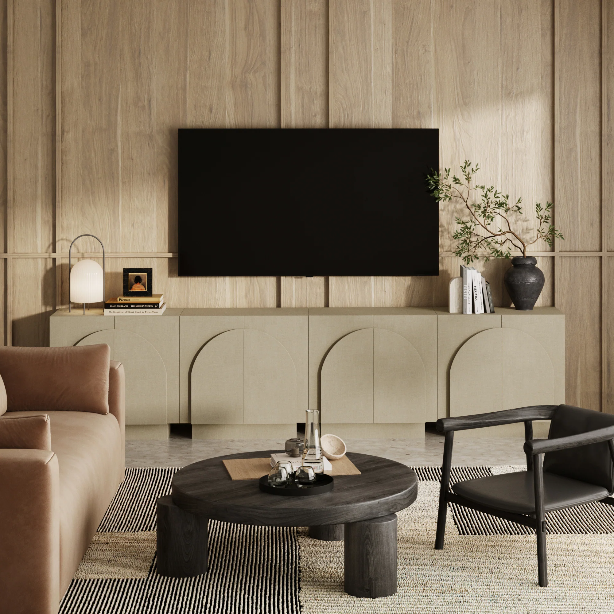 Arched TV Console Cabinet for TVs 85" Beige Linen