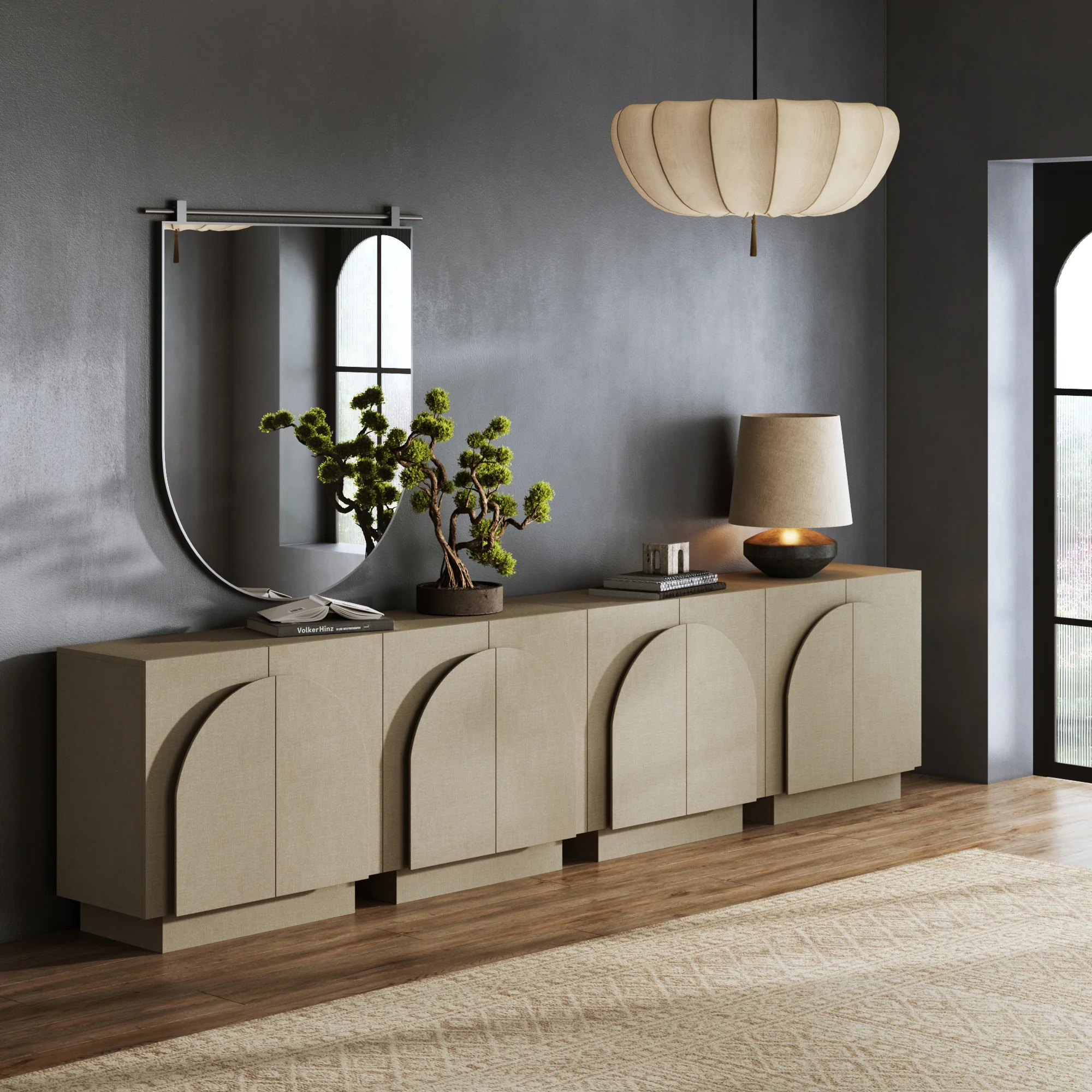 Arched TV Console Cabinet for TVs 85" Beige Linen - Image 2
