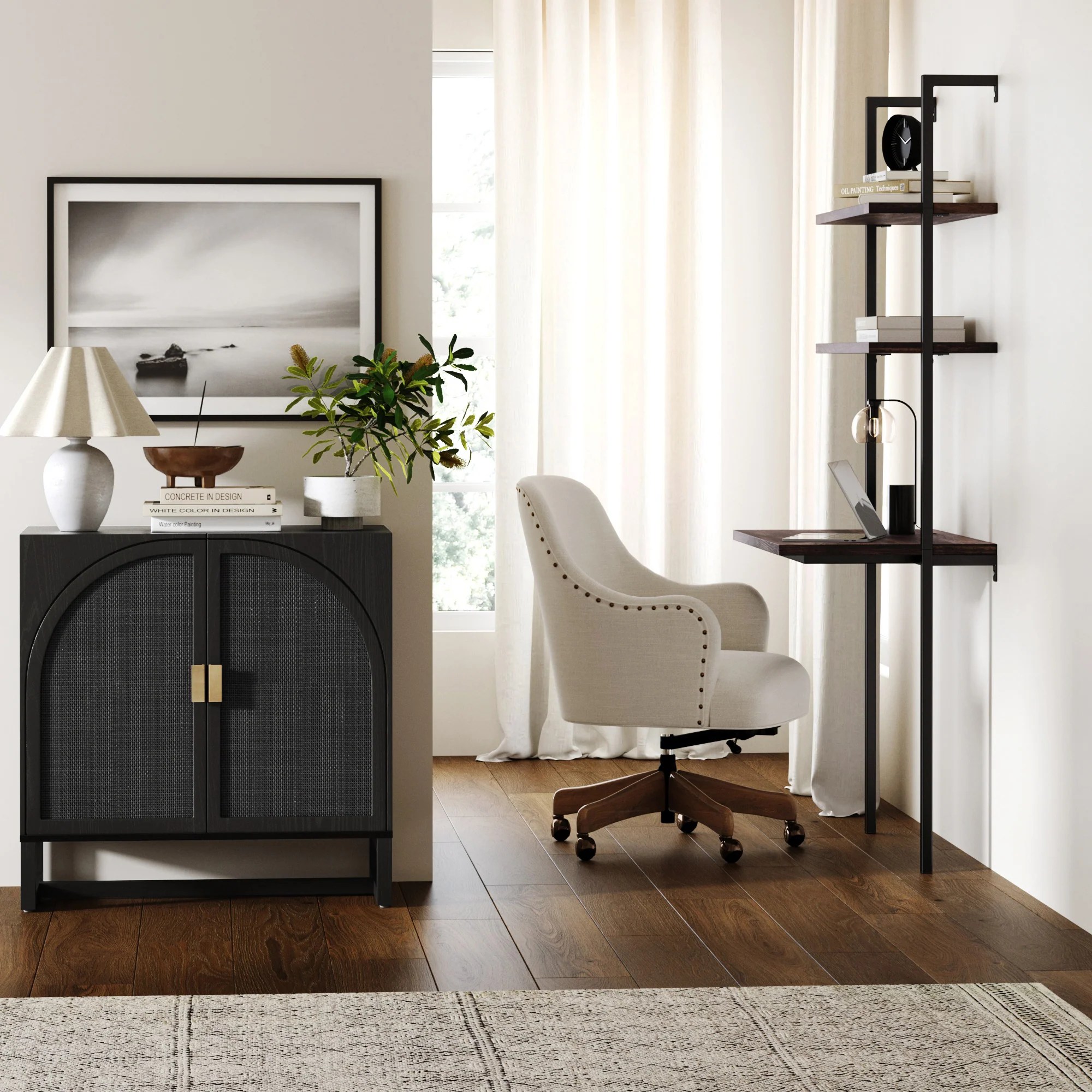 Arched Wooden 2-Door Storage Cabinet Black Rattan - Image 2