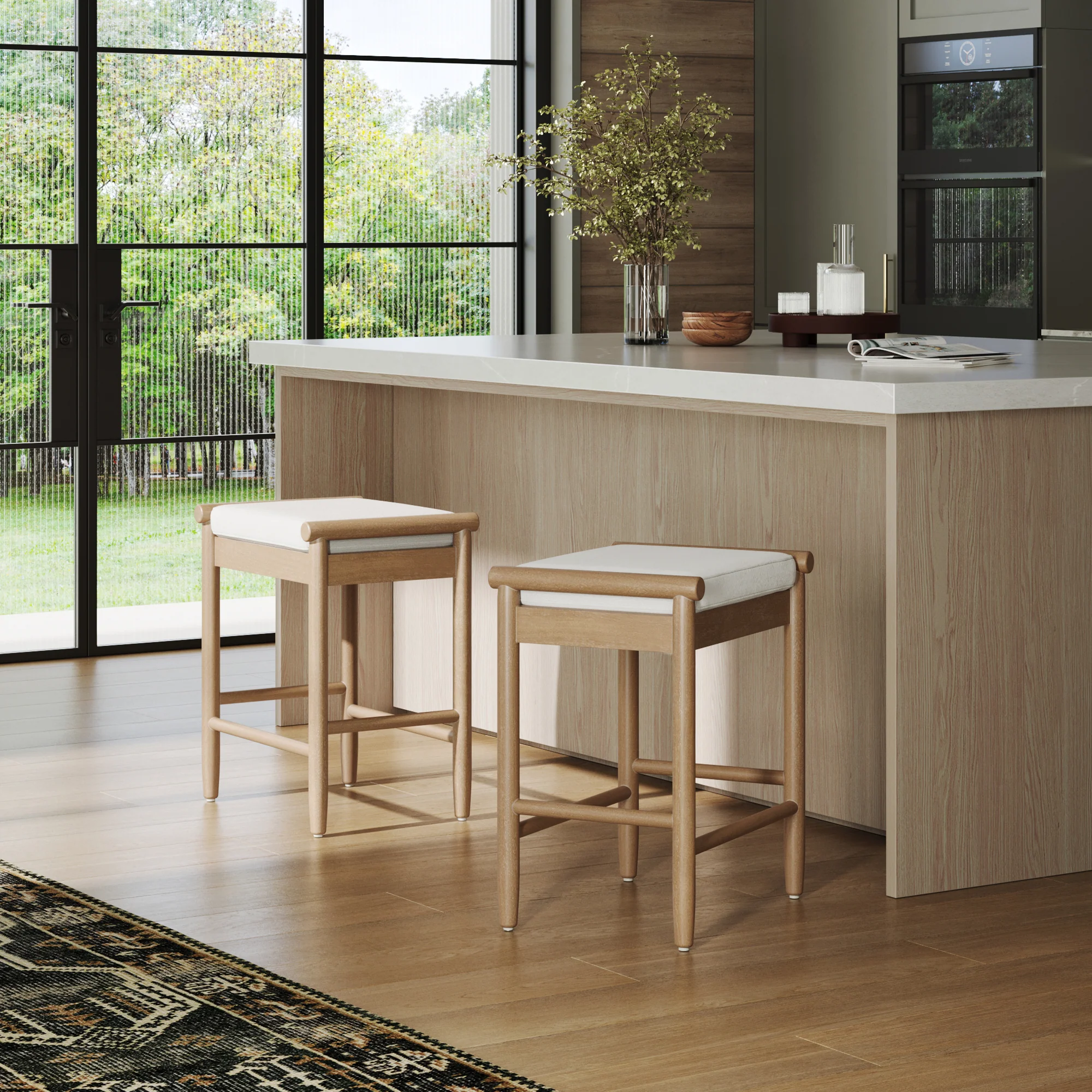 Backless Wooden Bar Stool with Boucle Upholstery Light Brown - Image 2