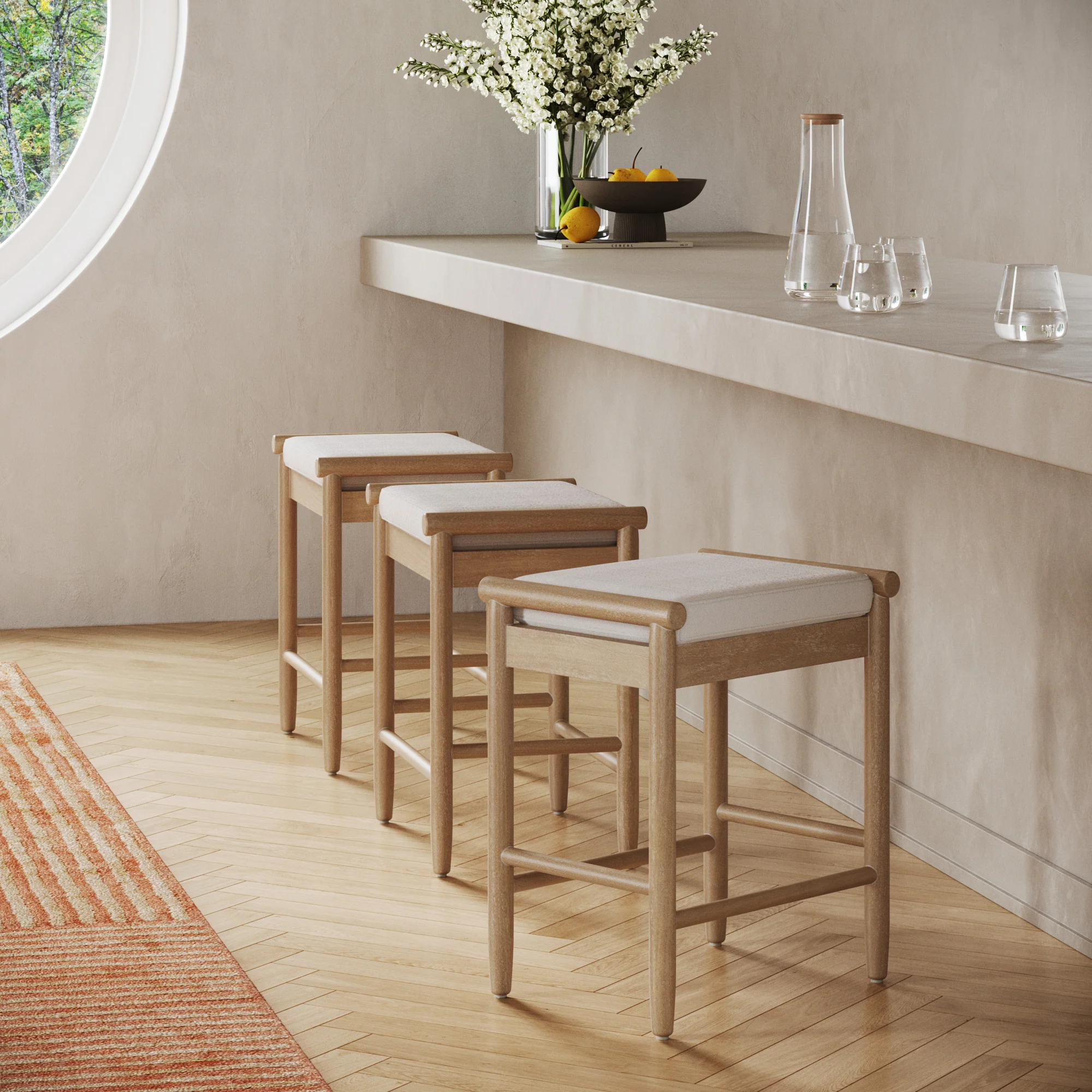 Backless Wooden Bar Stool with Boucle Upholstery Light Brown (Set of 3)