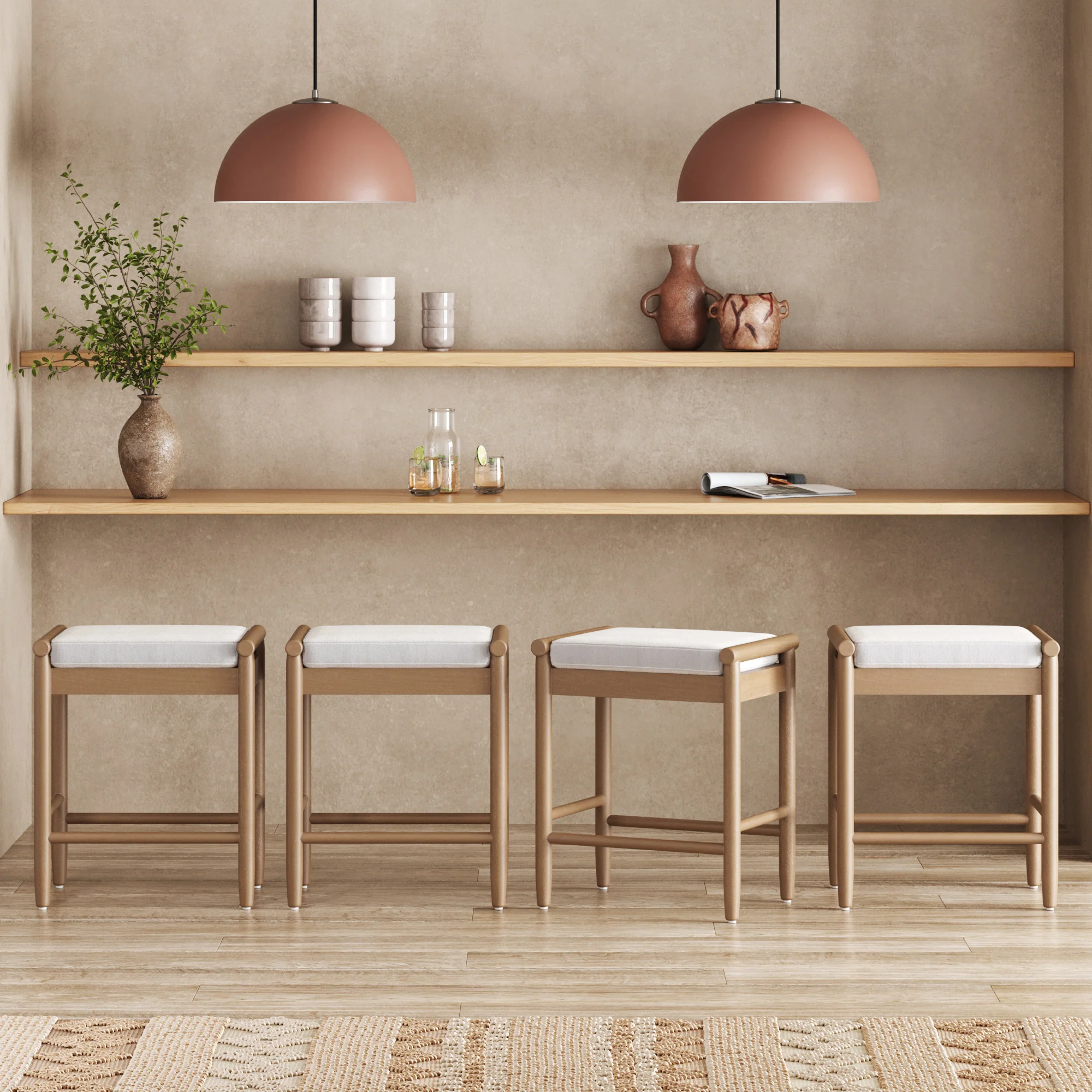 Backless Wooden Bar Stool with Boucle Upholstery Light Brown (Set of 4)
