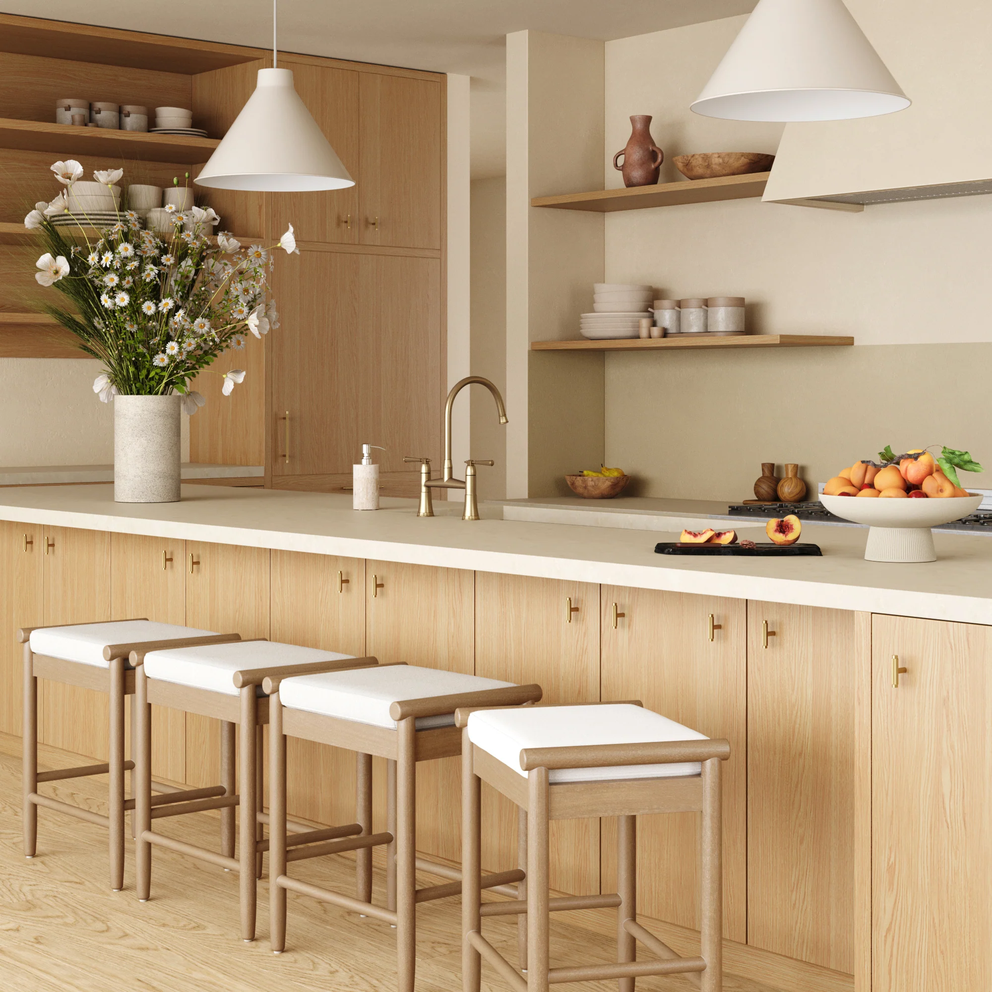 Backless Wooden Bar Stool with Boucle Upholstery Light Brown (Set of 4) - Image 2