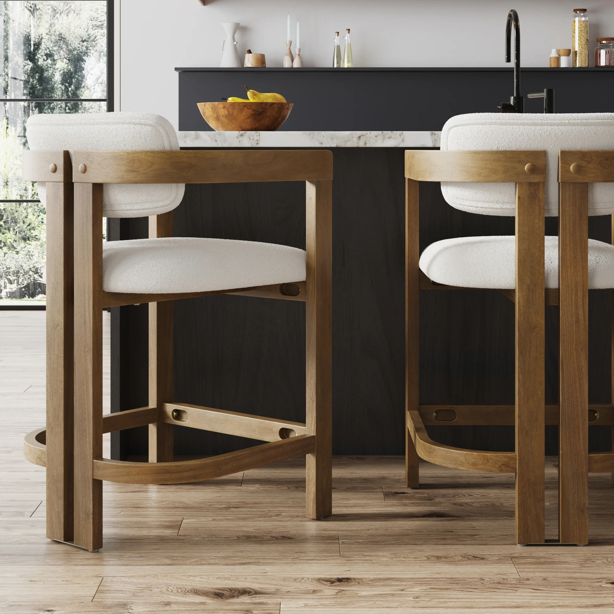 Boucle Bar Stool with Barrel Back and Arm Light Brown