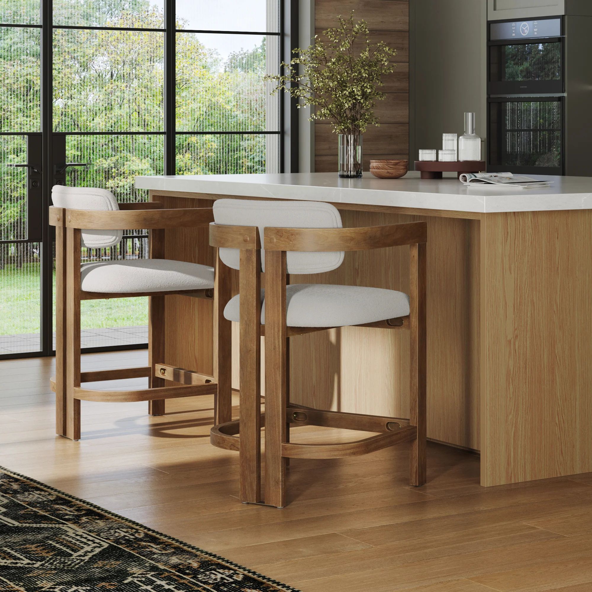 Boucle Bar Stool with Barrel Back and Arm Light Brown - Image 2