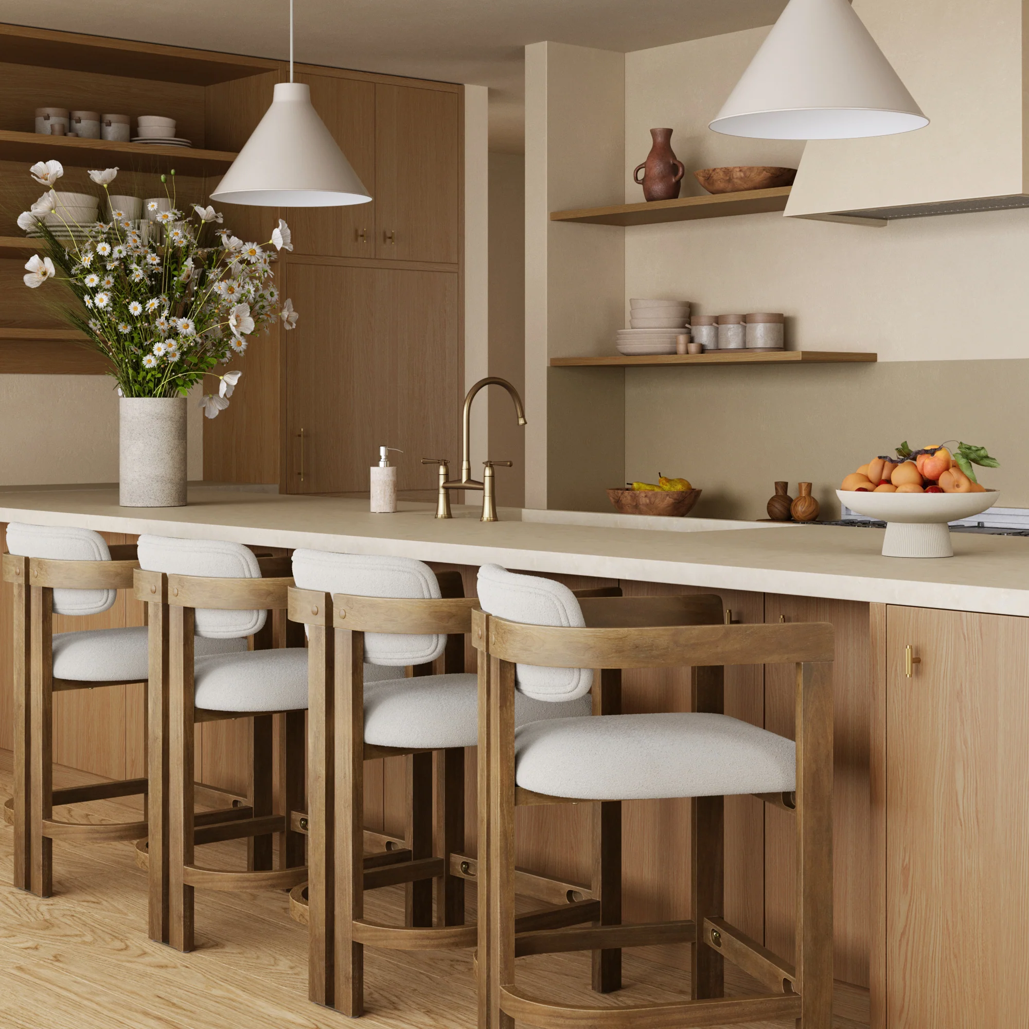 Boucle Bar Stool with Barrel Back and Arm Light Brown (Set of 4) - Image 2