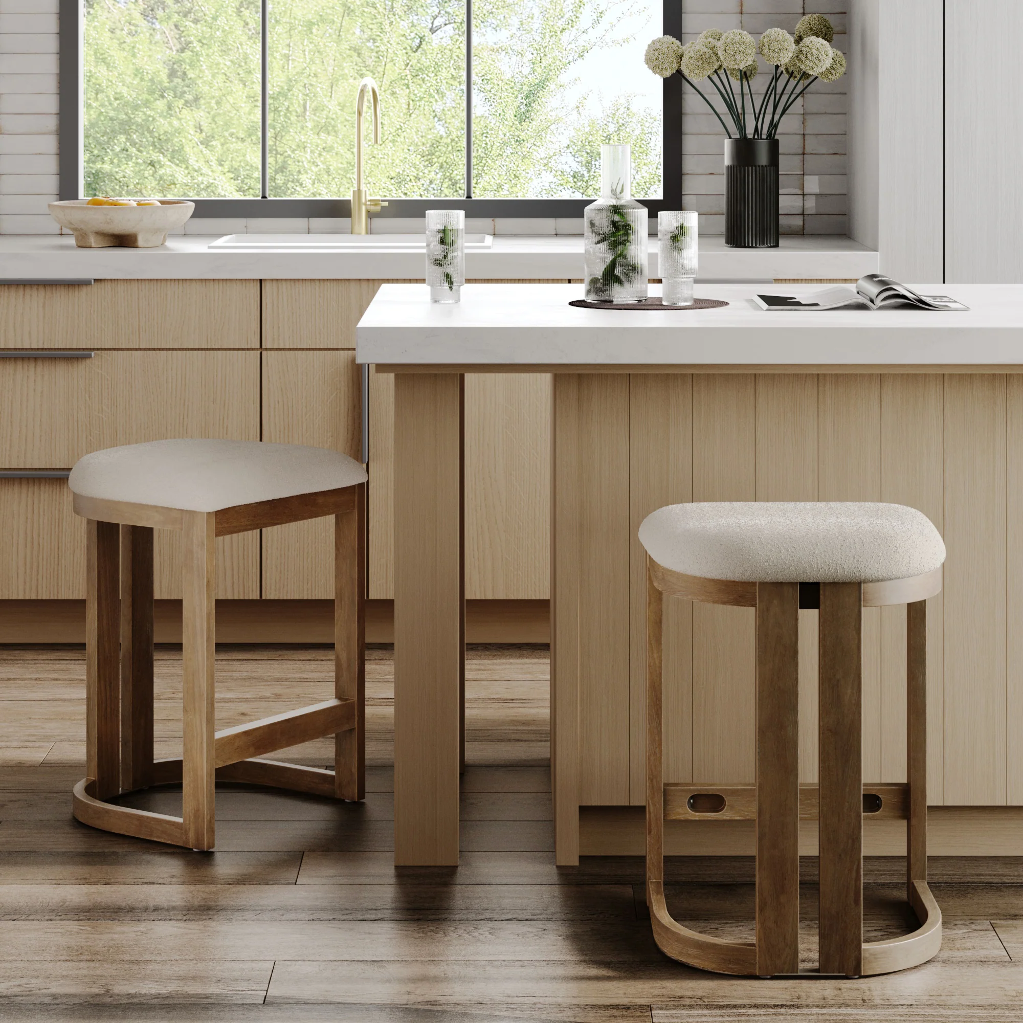 Barrel Wooden Backless Bar Stool Light Brown Set of 2