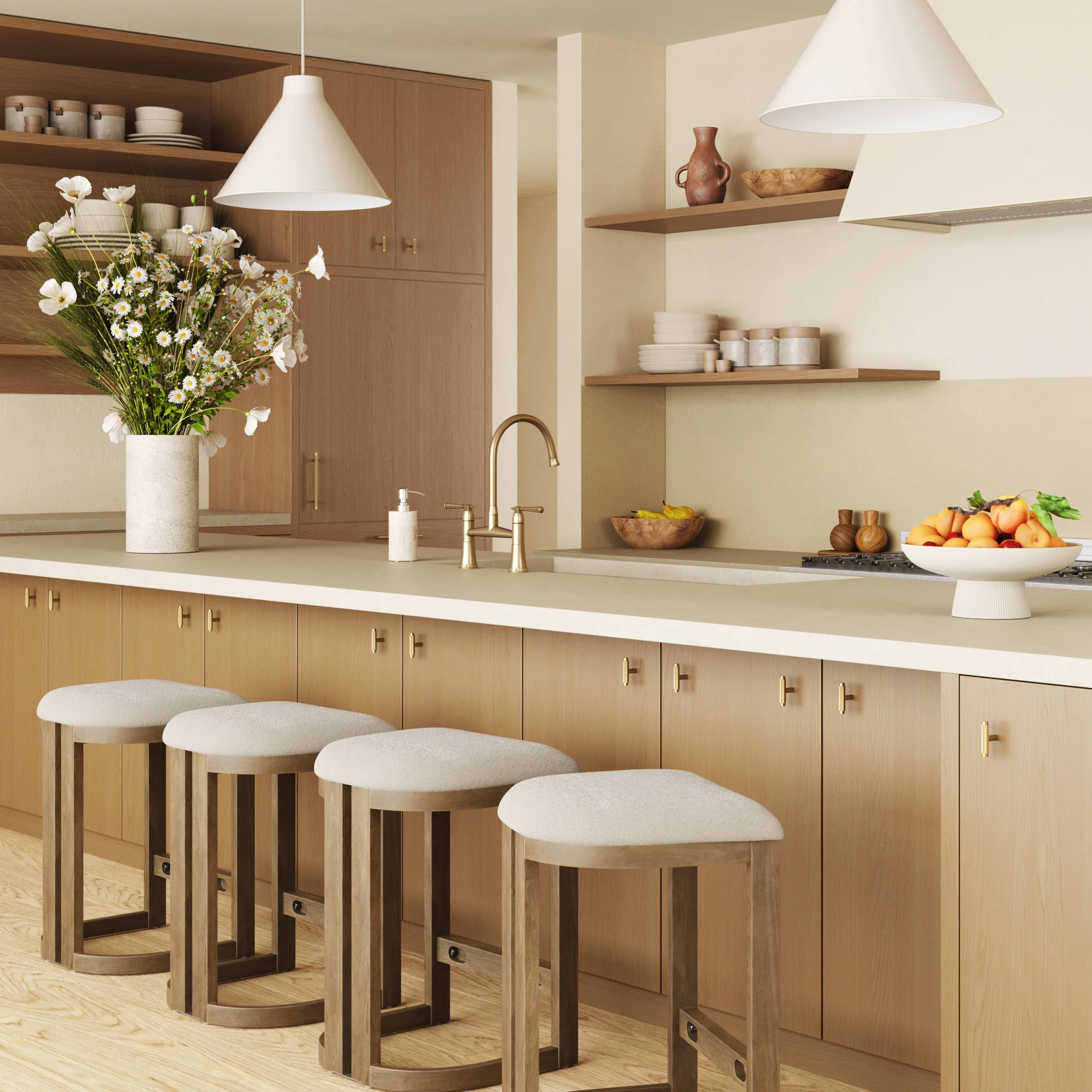 Barrel Wooden Backless Bar Stool Light Brown Set of 4 - Image 2
