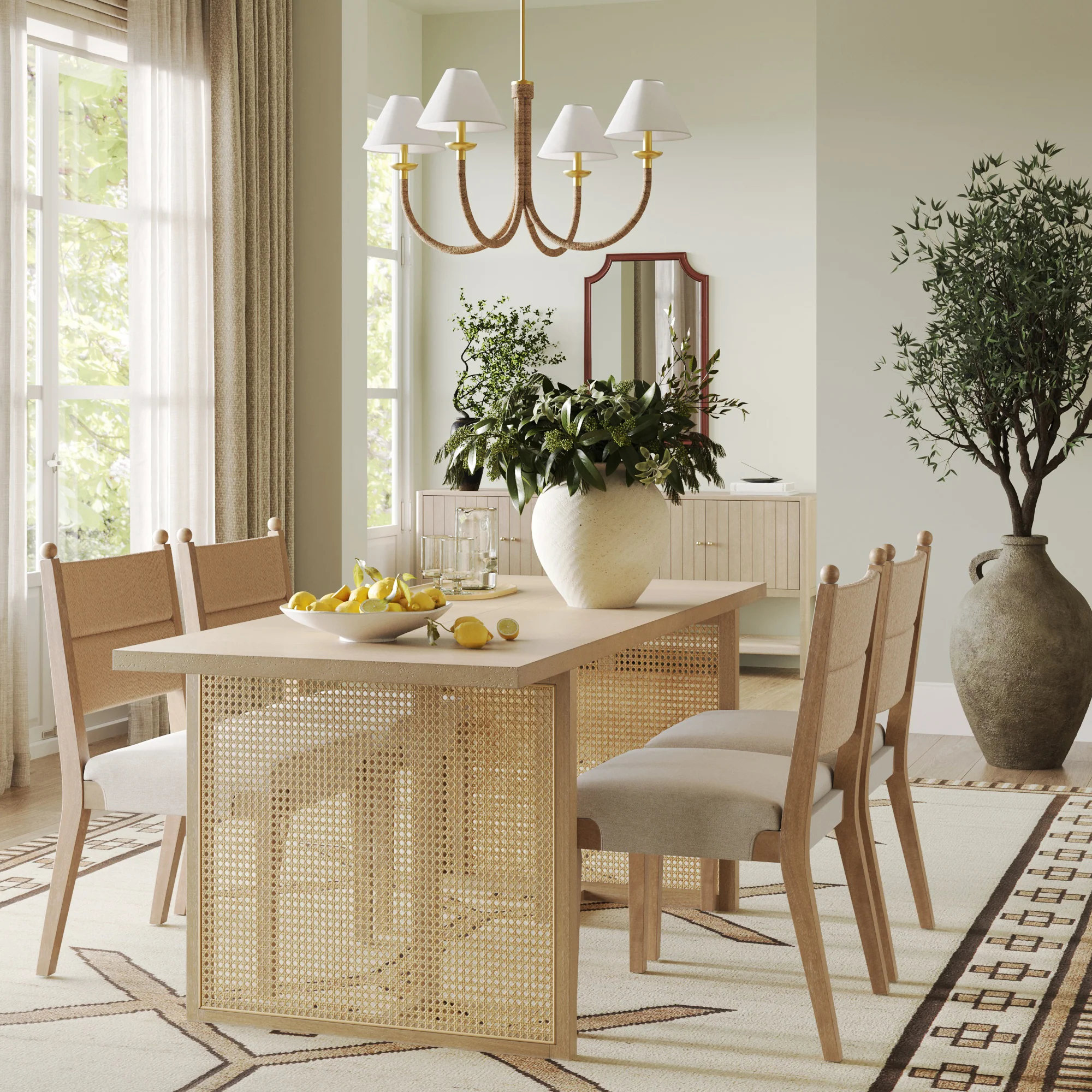 Bohemian Natural Wood & Rattan Dining Table Light Brown - Image 2