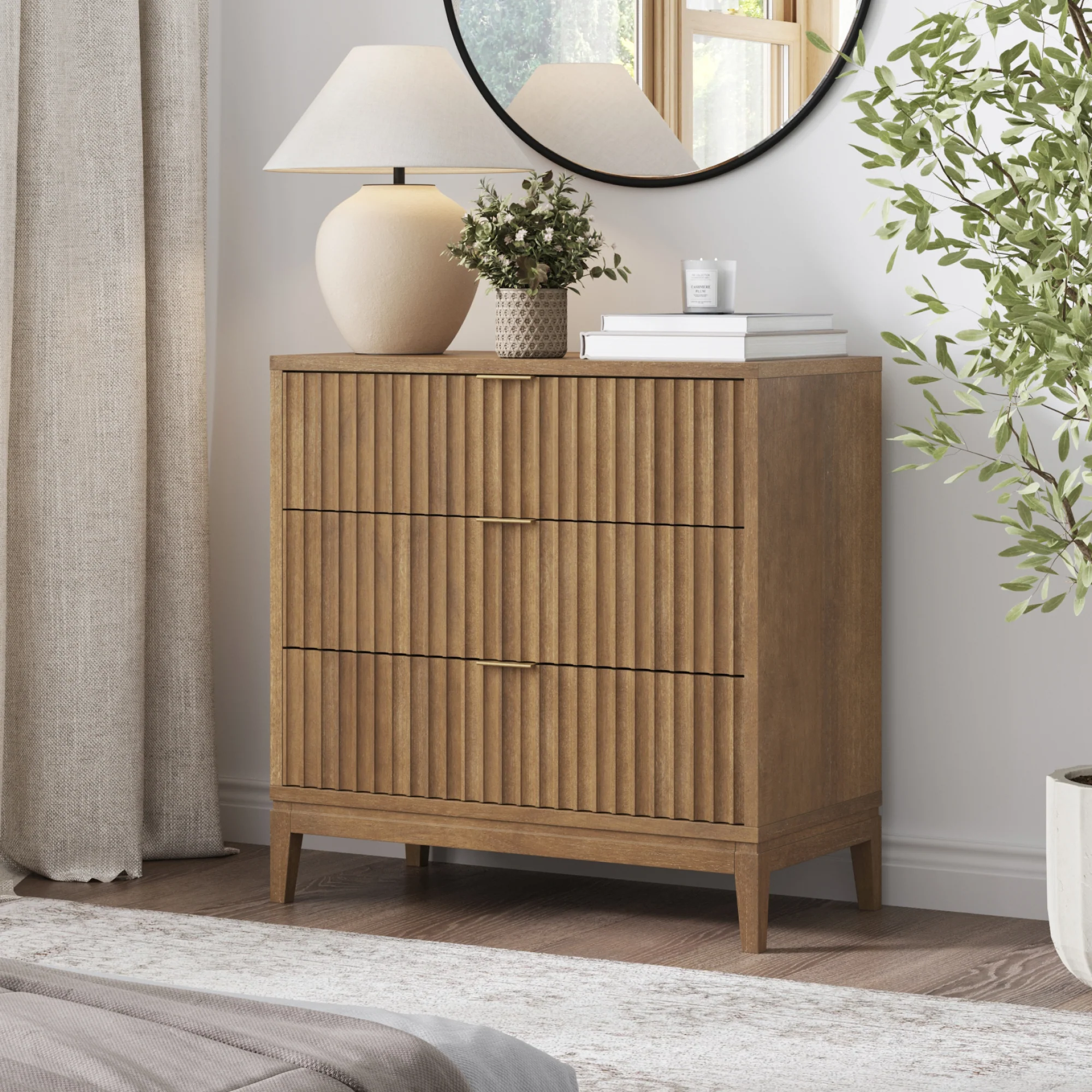 Bohemian Solid Wood 3-Drawer Fluted Dresser Light Brown