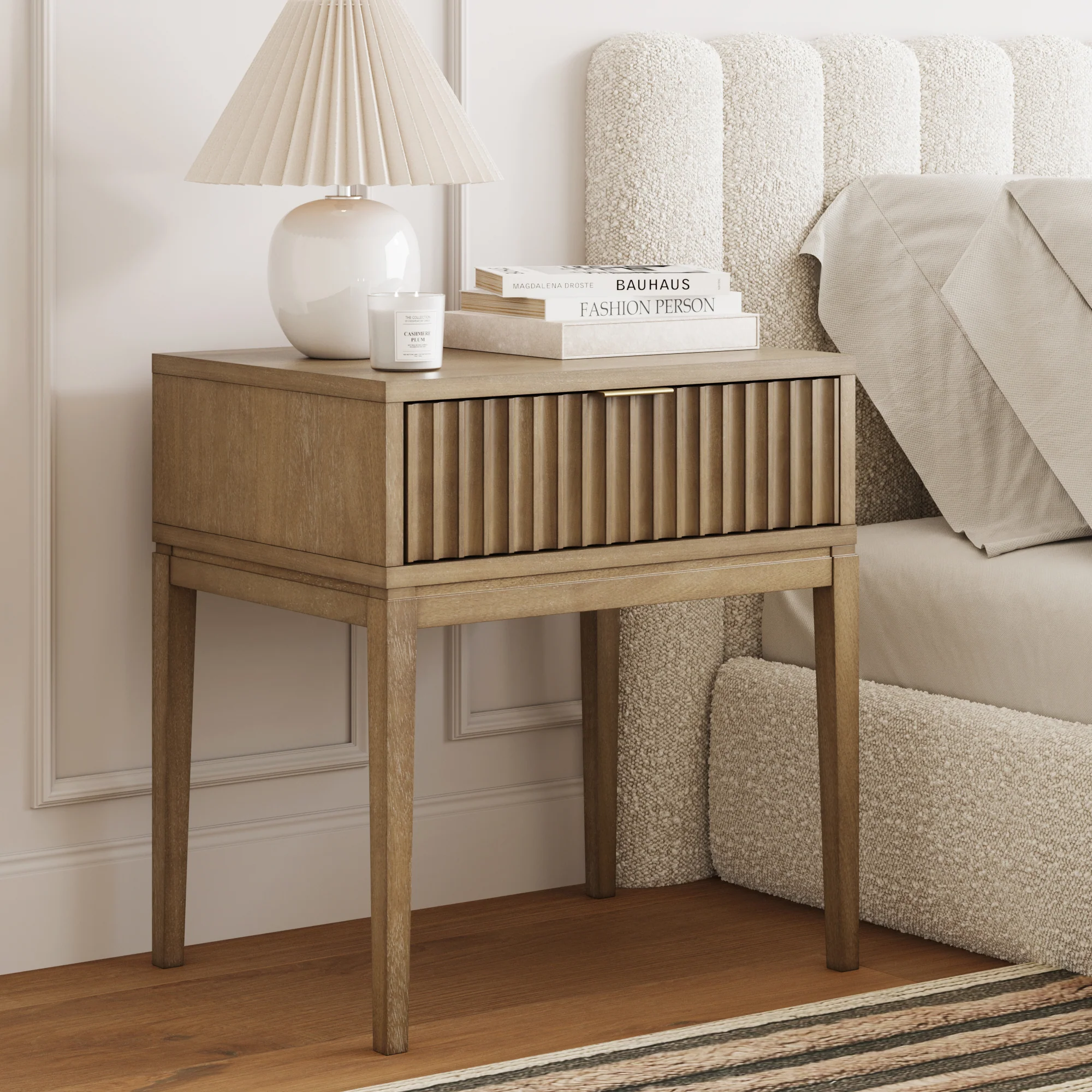 Bohemian Wood Nightstand with Drawer Light Brown
