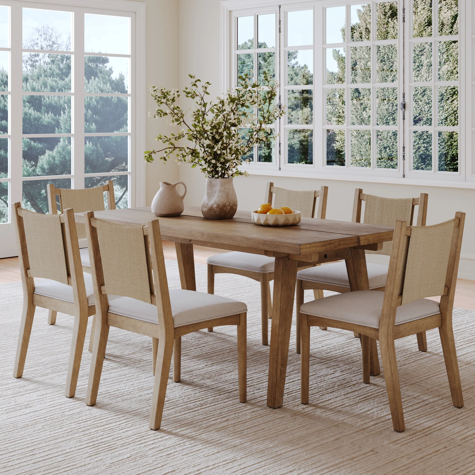 Bohemian Wooden Dining Table Set (6 Chairs)
