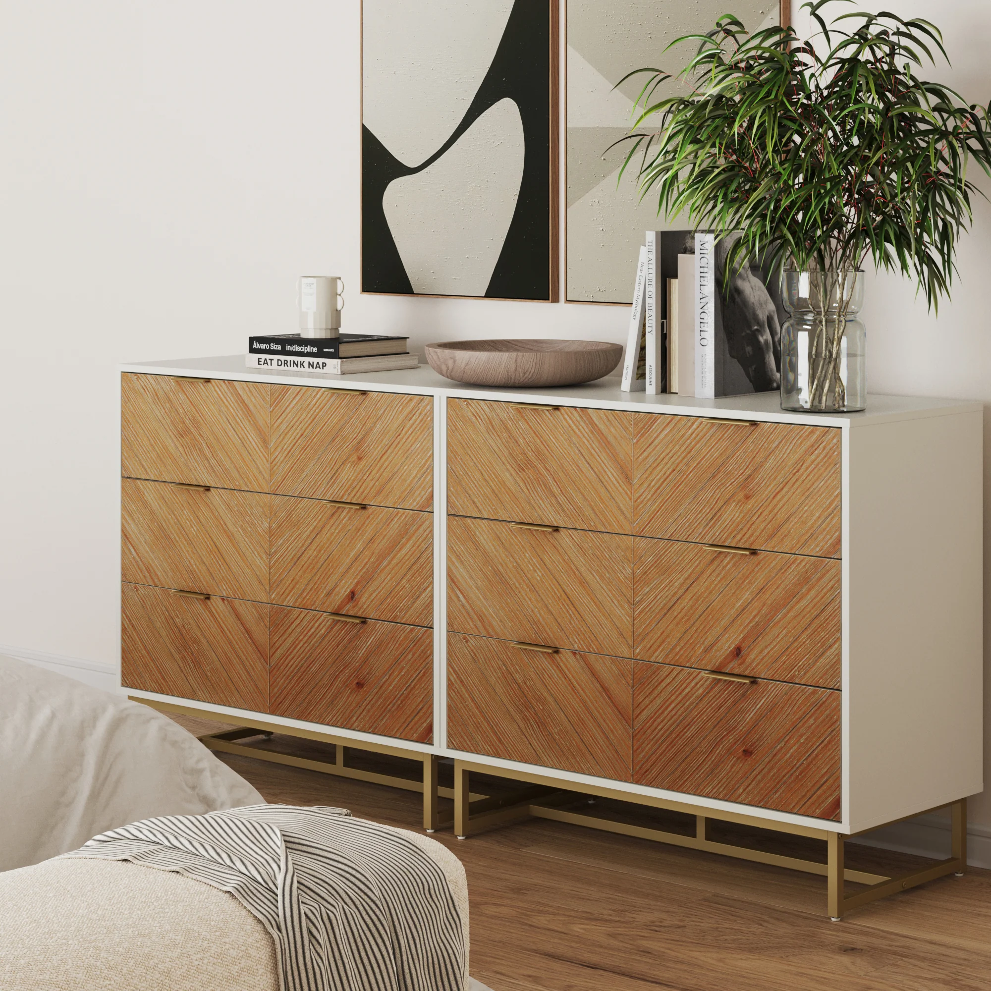 Boho Herringbone 3-Drawer Dresser White (Set of 2)