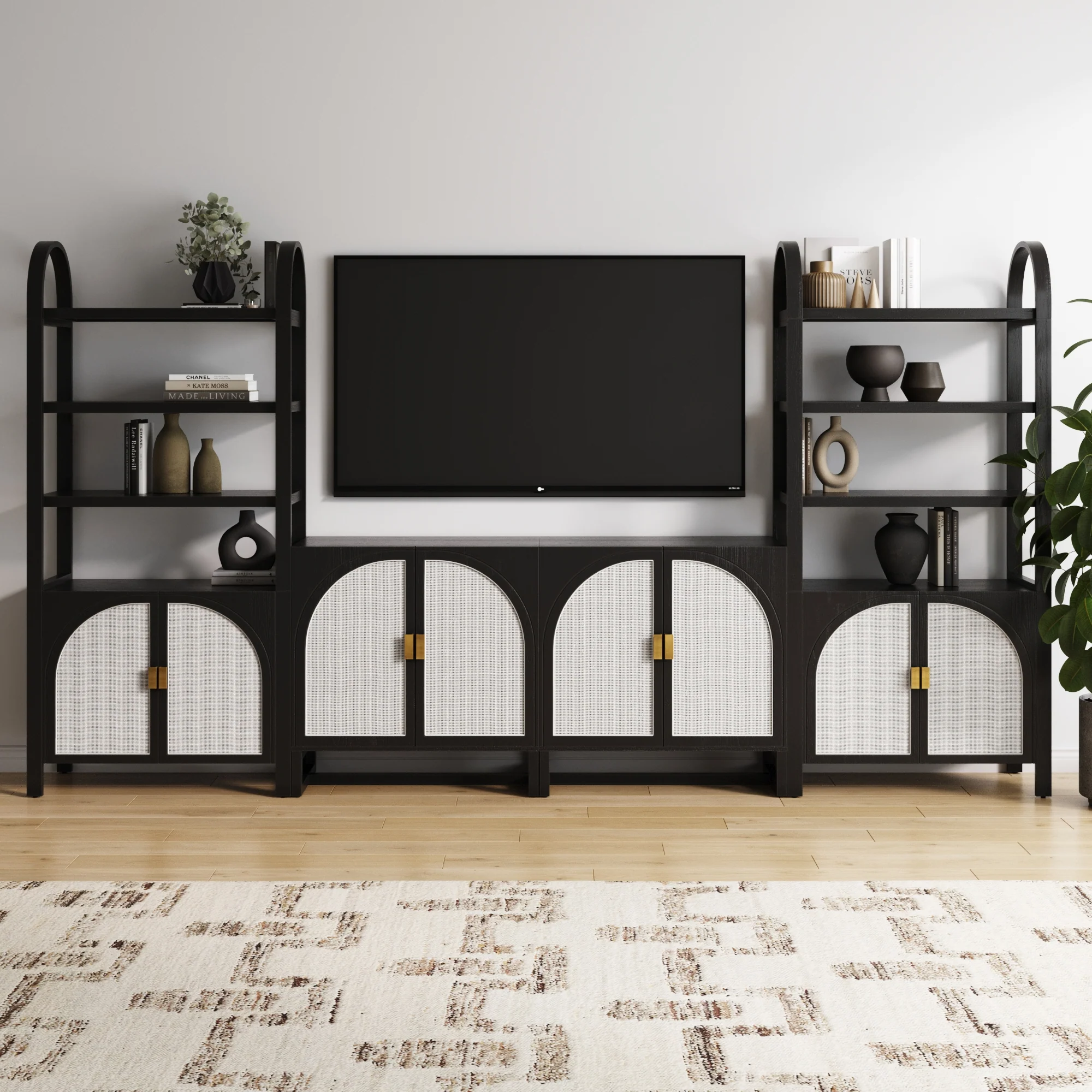 Boho Arched Bookshelf & Cabinet Set TV Stand Black