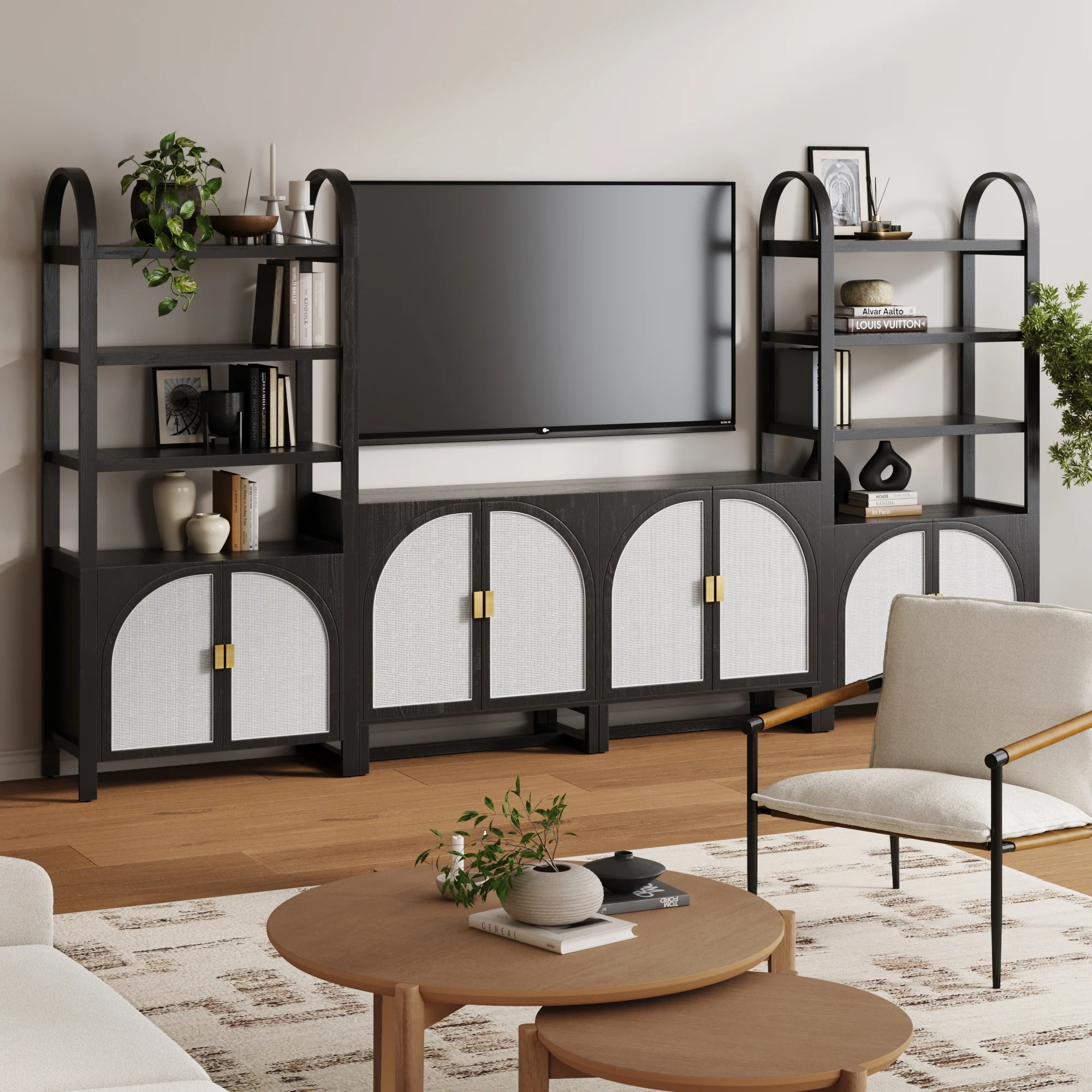 Boho Arched Bookshelf & Cabinet Set TV Stand Black - Image 2
