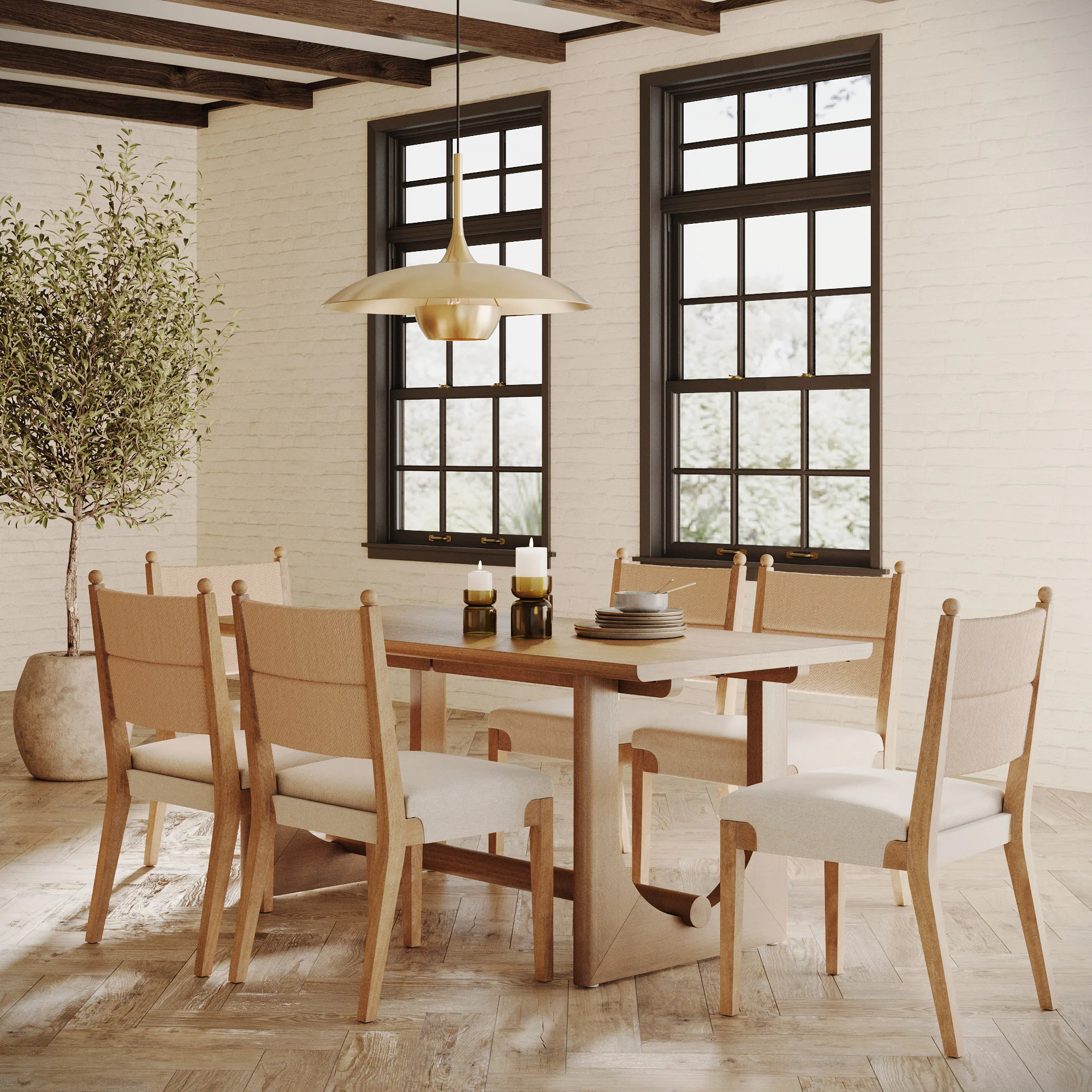 Mid-Century Seagrass Dining Table Set (6 Chairs)