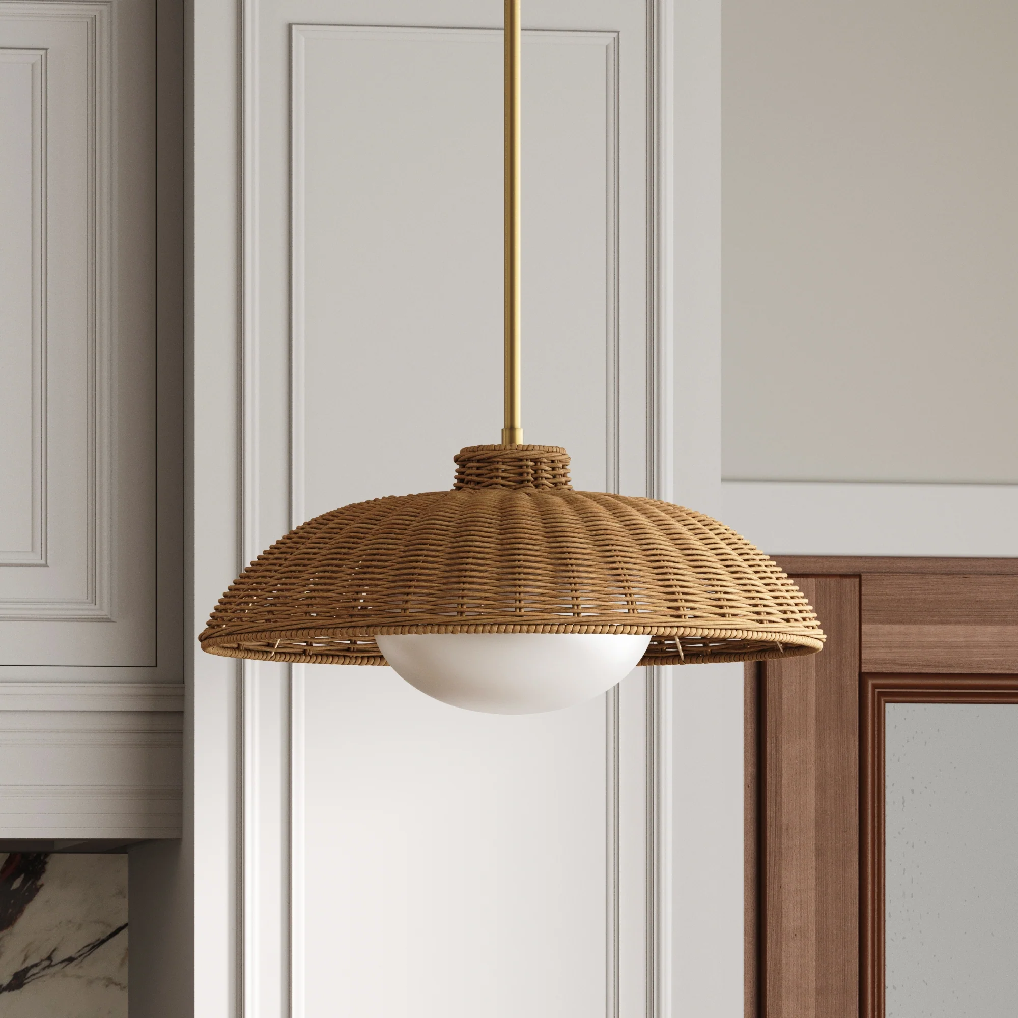 Boho Rattan Pendant Light Fixture with Glass Diffuser