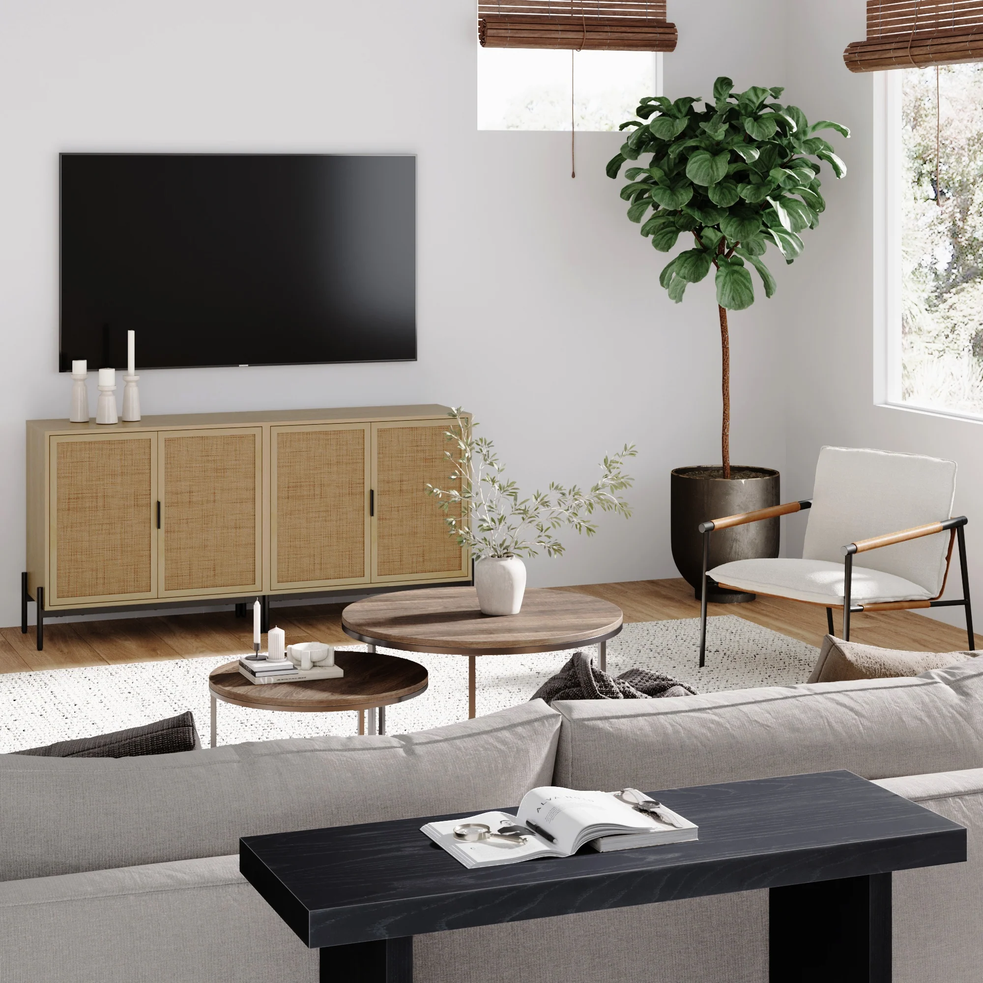 Boho Rattan TV Console for TVs 55-65" with Metal Legs Light Oak - Image 2