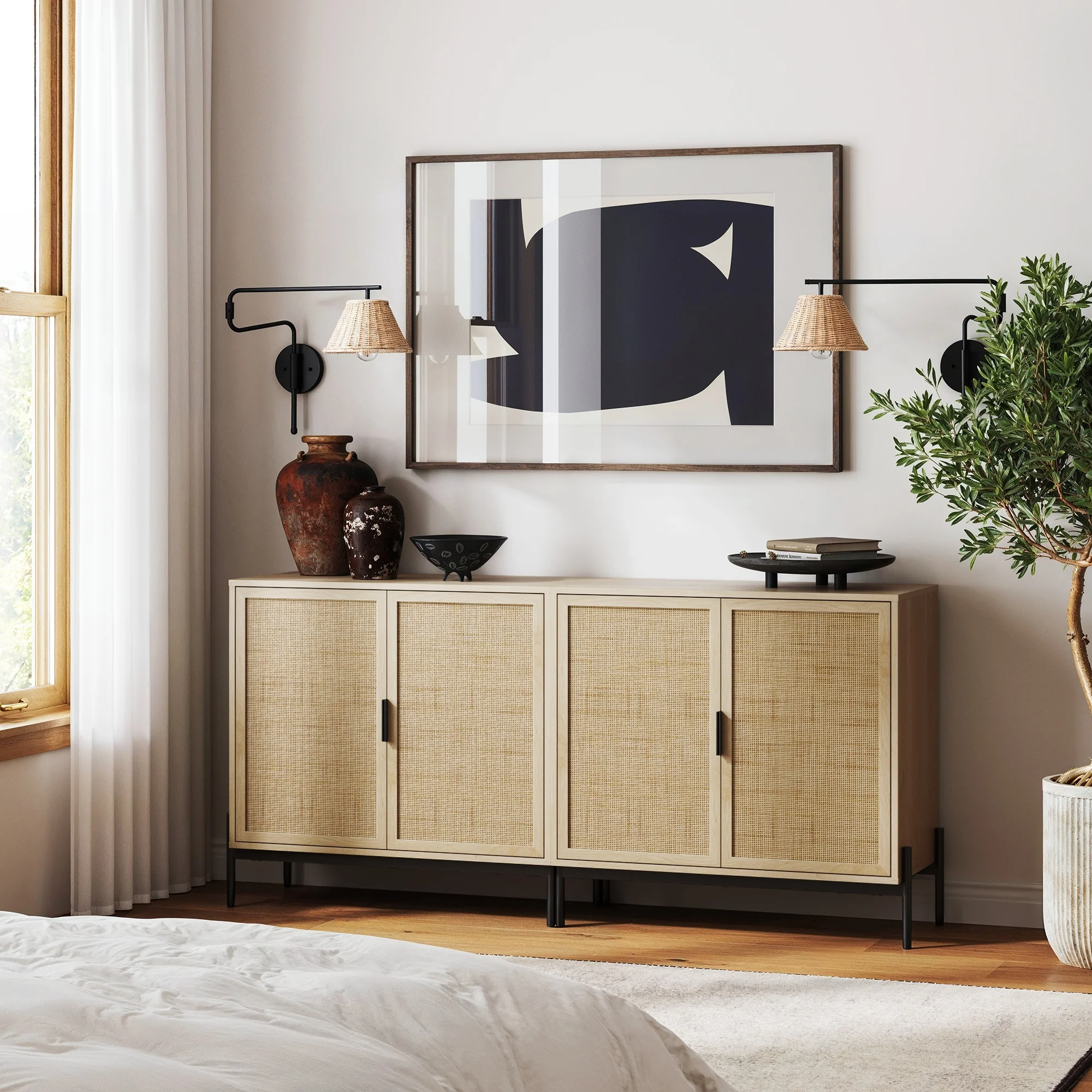 Boho Rattan & Wood Storage Cabinet Light Oak - Image 2