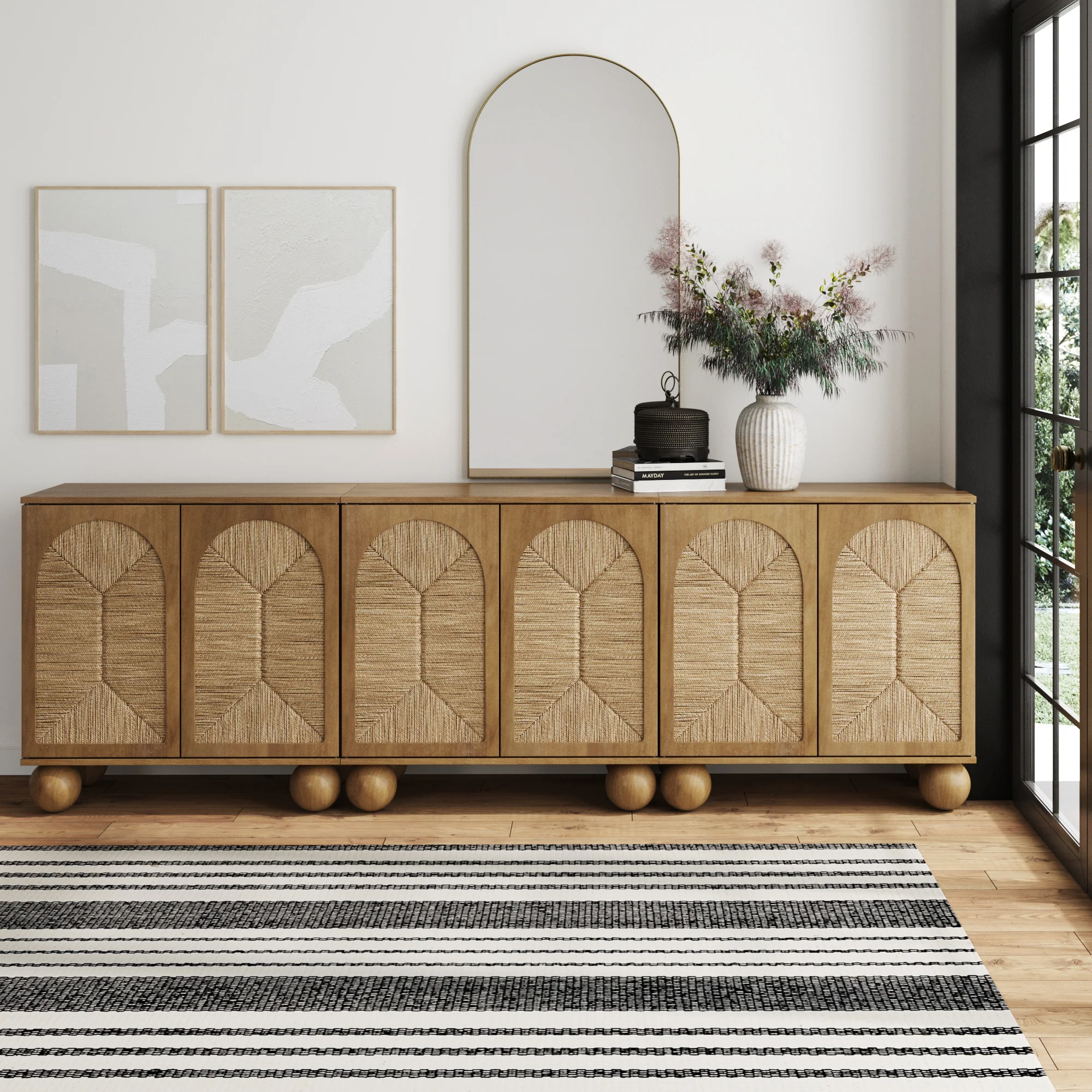 Seagrass Arched Storage Cabinet Credenza Light Brown (Set of 3)
