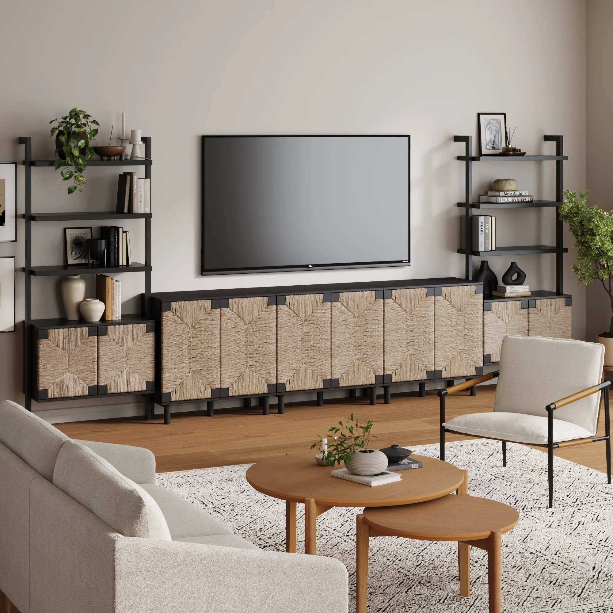 Boho Seagrass Entertainment Center Black (3 Cabinets) - Image 2