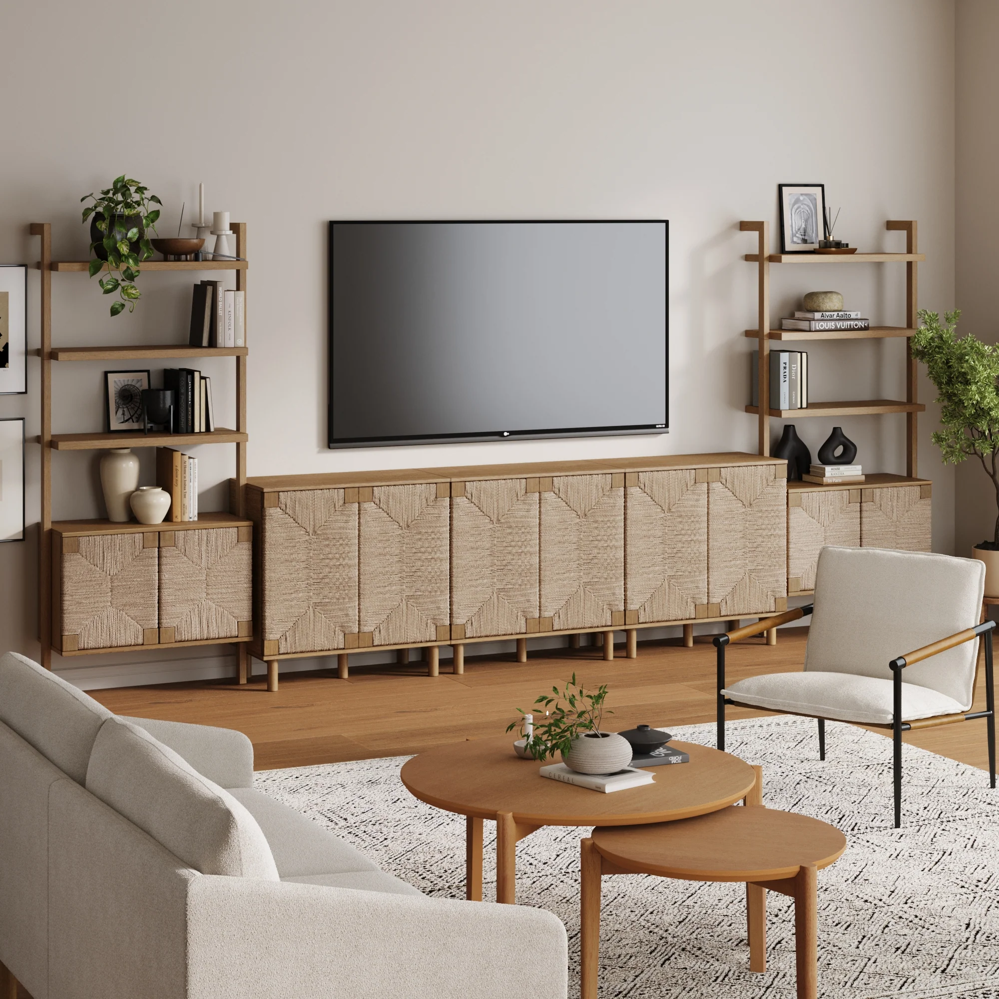 Boho Seagrass Entertainment Center Light Brown (3 Cabinets) - Image 2