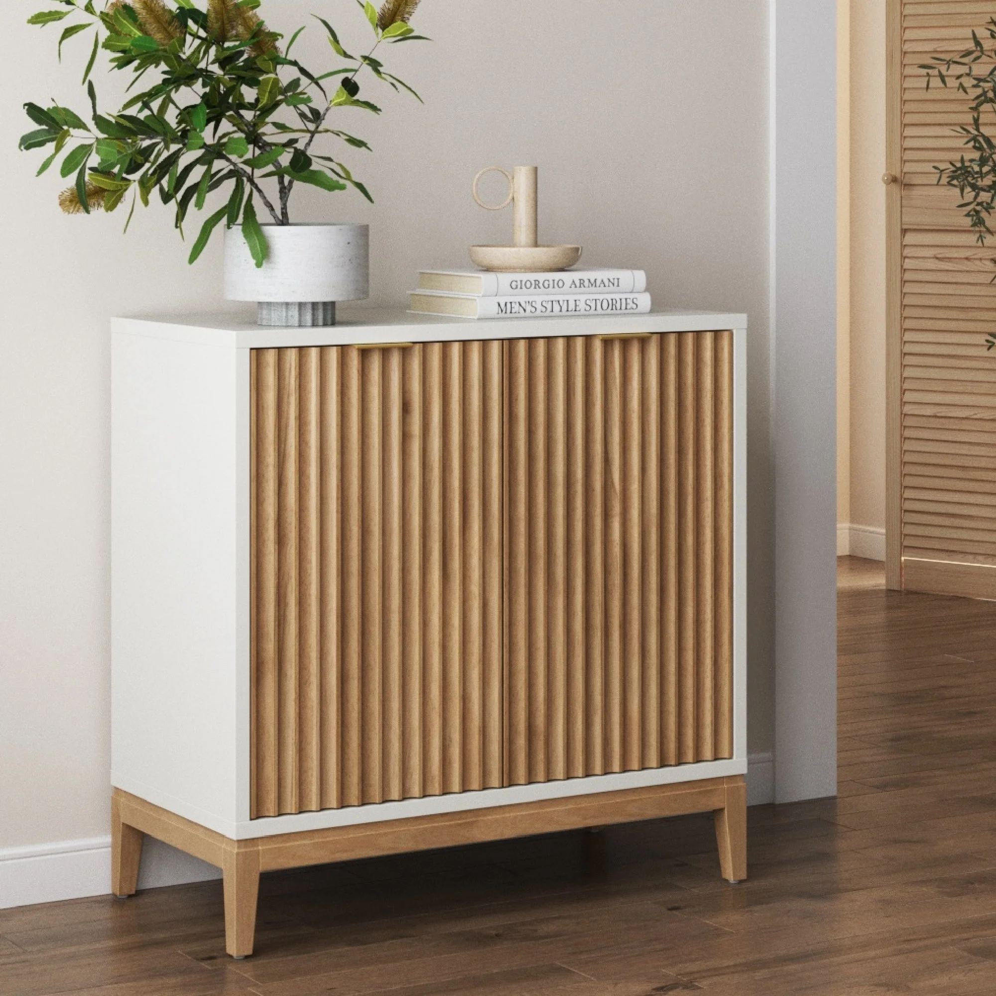 Mid-Century Fluted Storage Cabinet Warm White Warm Pine