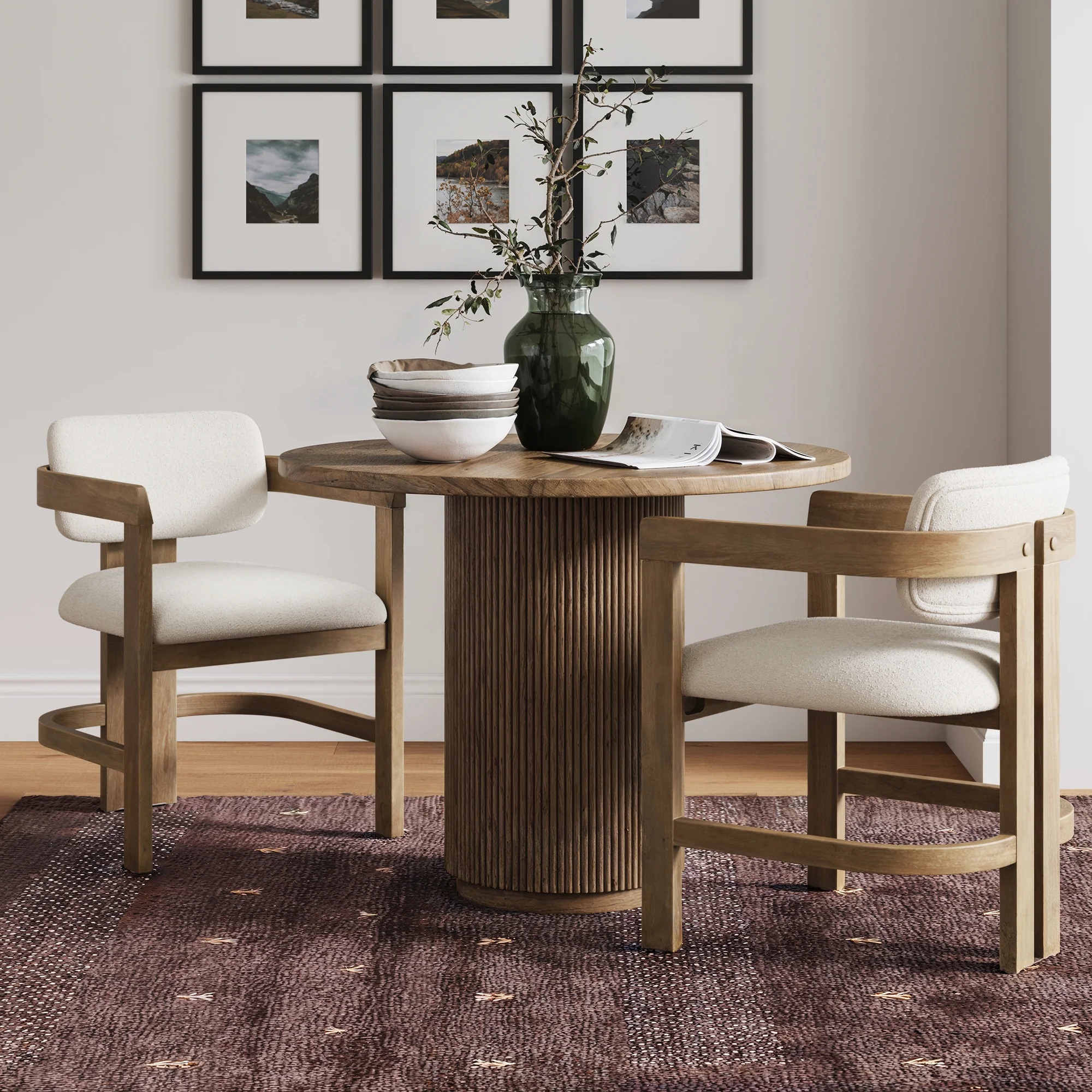 Boucle Dining Chair w/ Curved Back and Arm Light Brown (Set of 2)