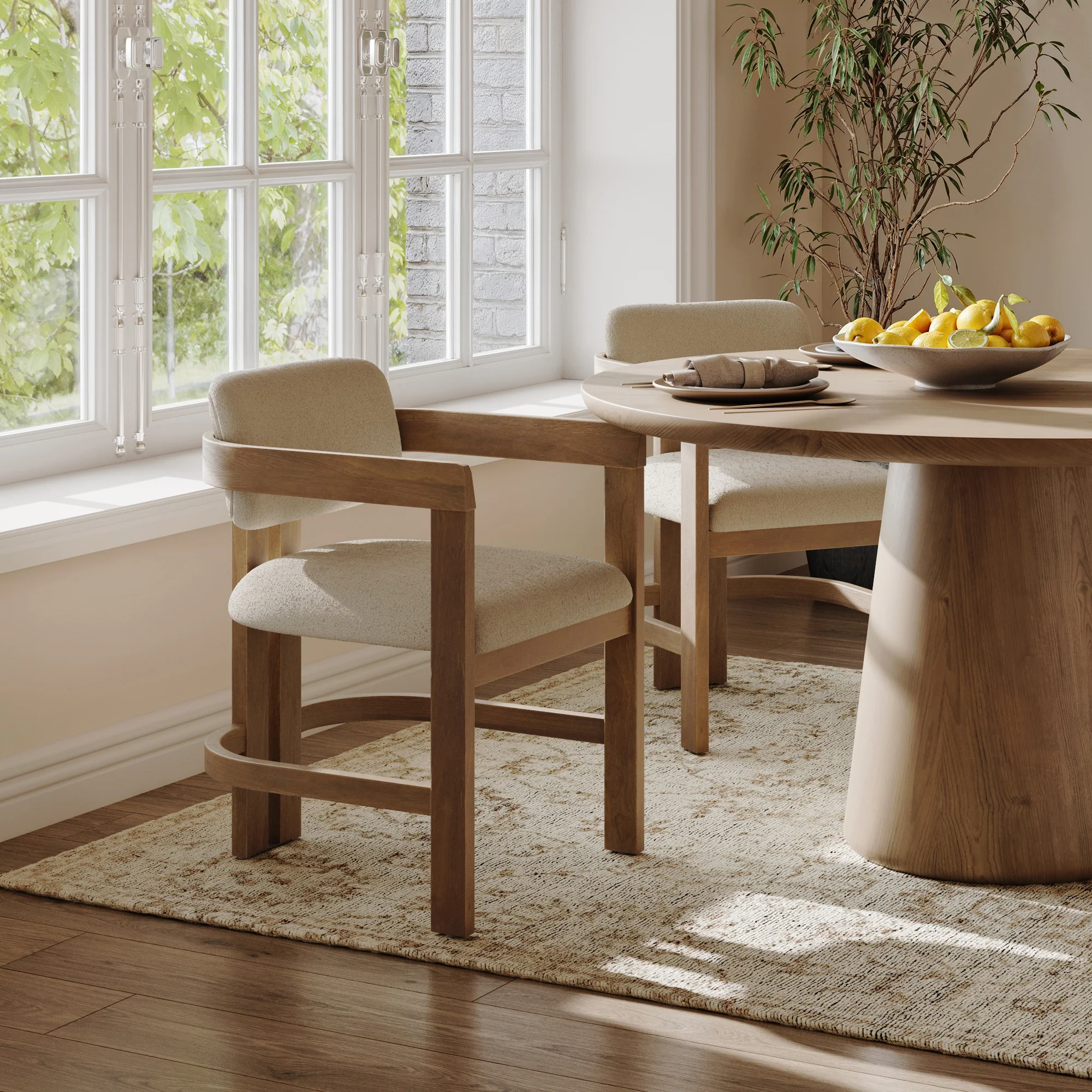 Boucle Dining Chair w/ Curved Back and Arm Light Brown (Set of 2) - Image 2