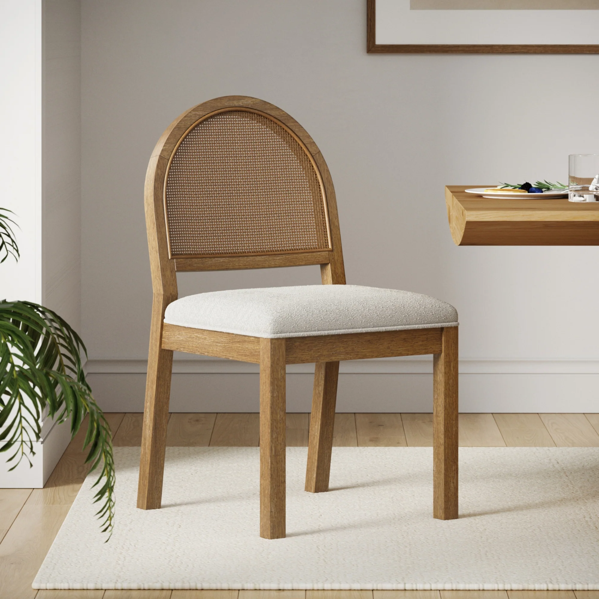 Boucle & Rattan Dining Chair Light Brown