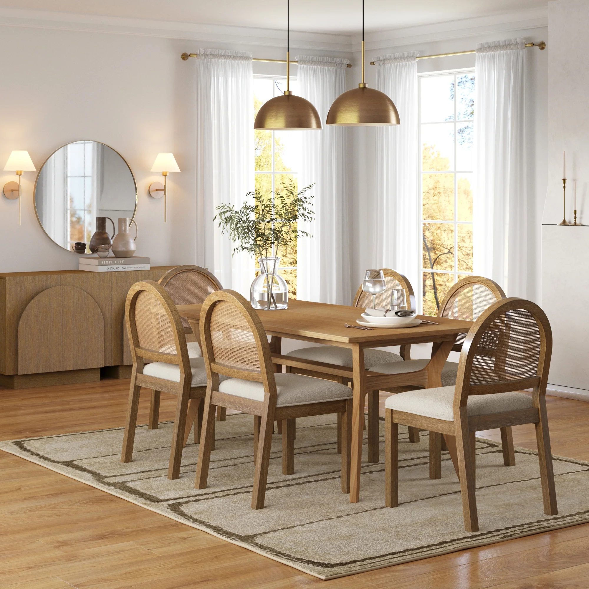 Boucle & Rattan Dining Chair Light Brown - Image 2