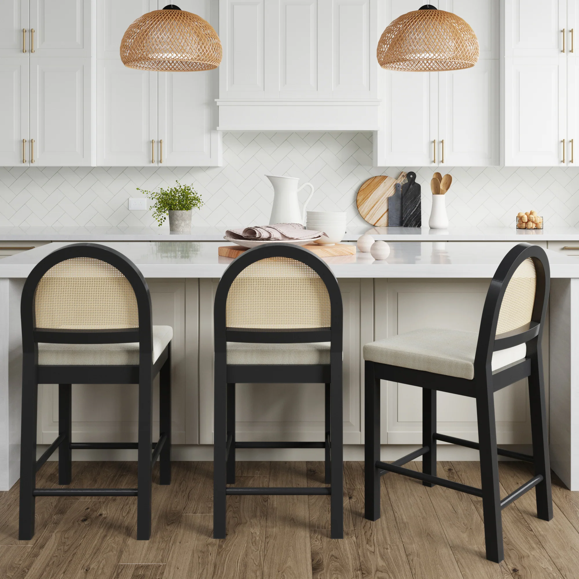 Boucle & Rattan Counter Height Bar Stools Black (Set of 3)
