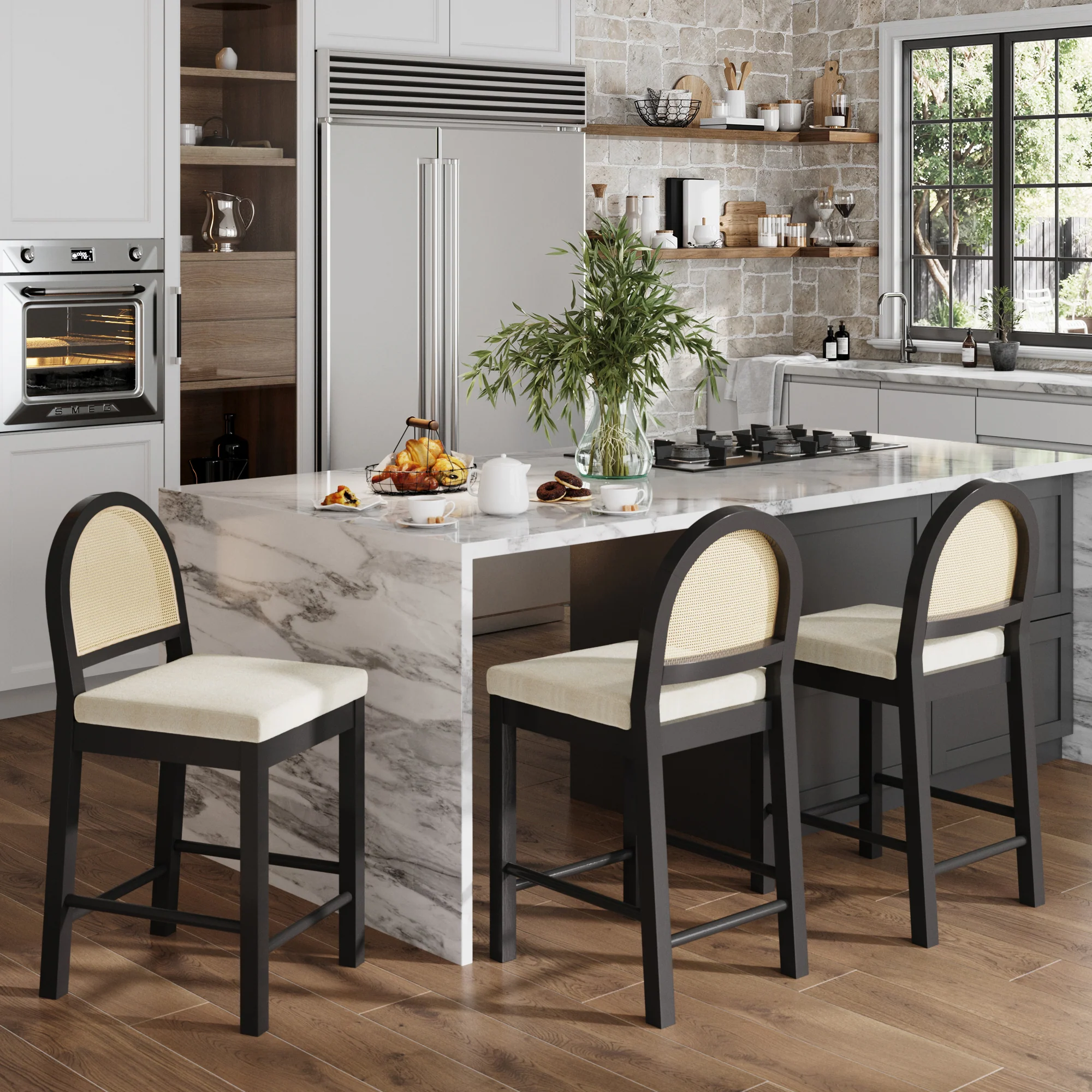 Boucle & Rattan Counter Height Bar Stools Black (Set of 3) - Image 2