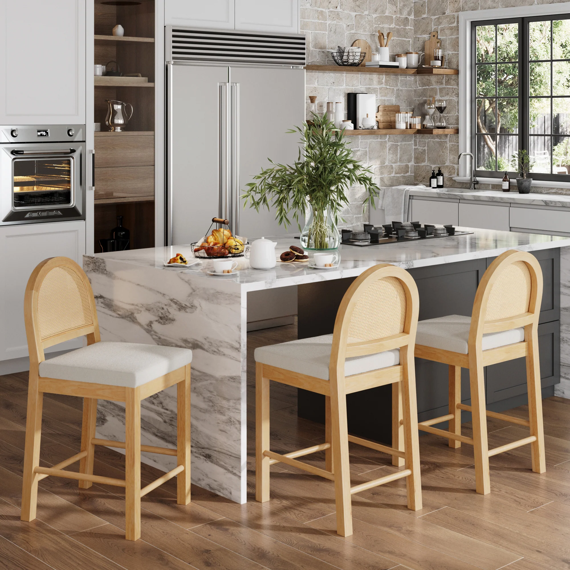 Boucle & Rattan Counter Height Bar Stools Warm Pine (Set of 3) - Image 2
